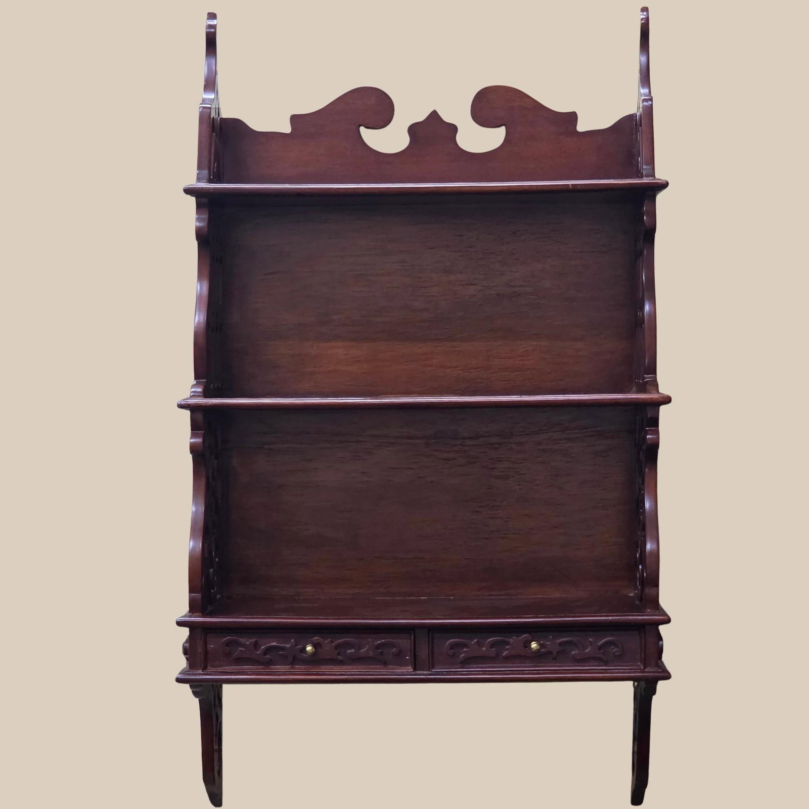 1970 Large Wood Wall Shelf Mahogany Chinoiserie Chippendale Etagere Curating Living Room - 12