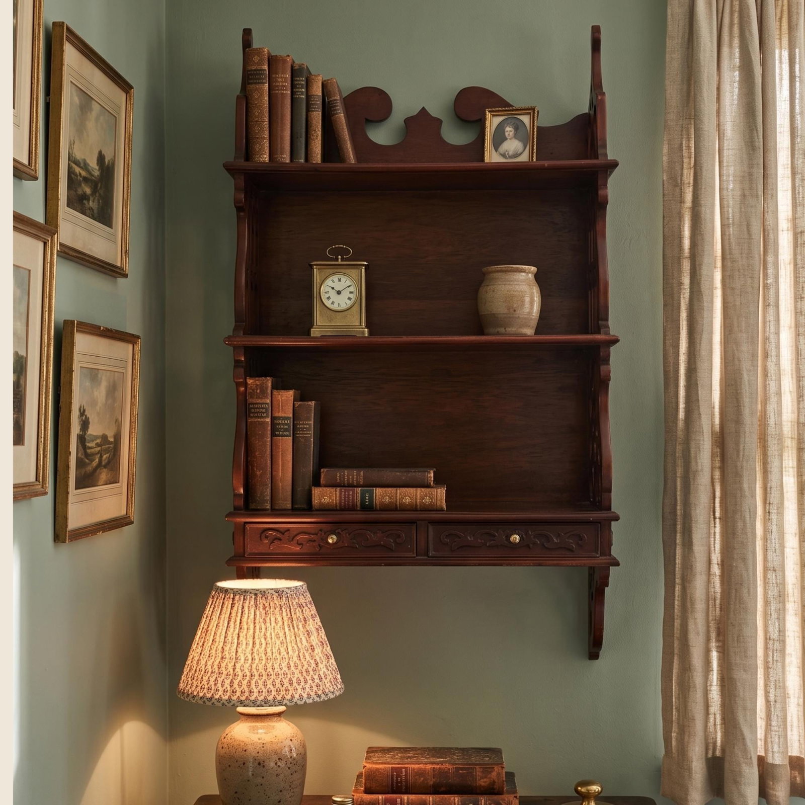 1970 Large Wood Wall Shelf Mahogany Chinoiserie Chippendale Etagere Curating Living Room - 14