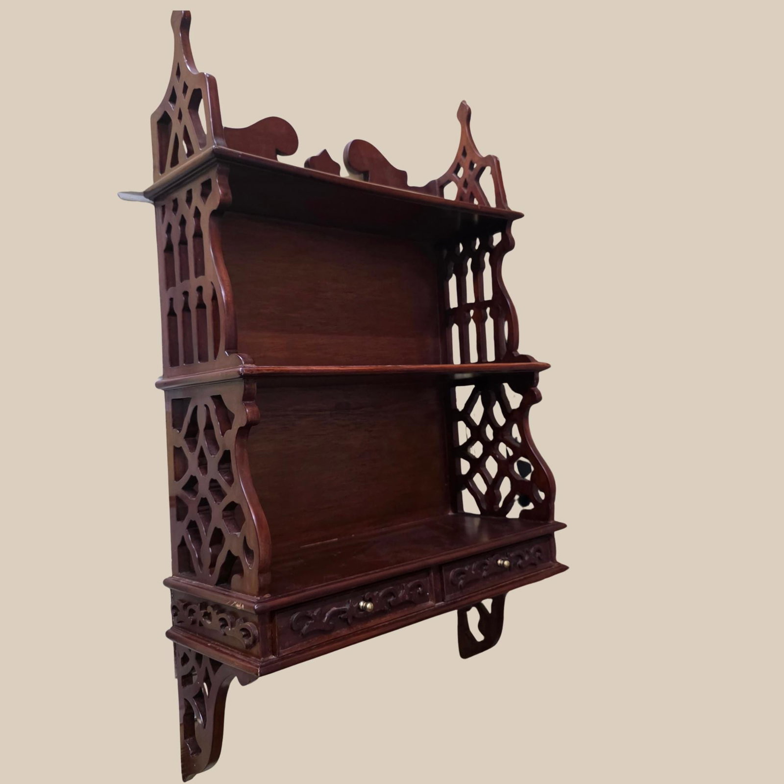 1970 Large Wood Wall Shelf Mahogany Chinoiserie Chippendale Etagere Curating Living Room - 2