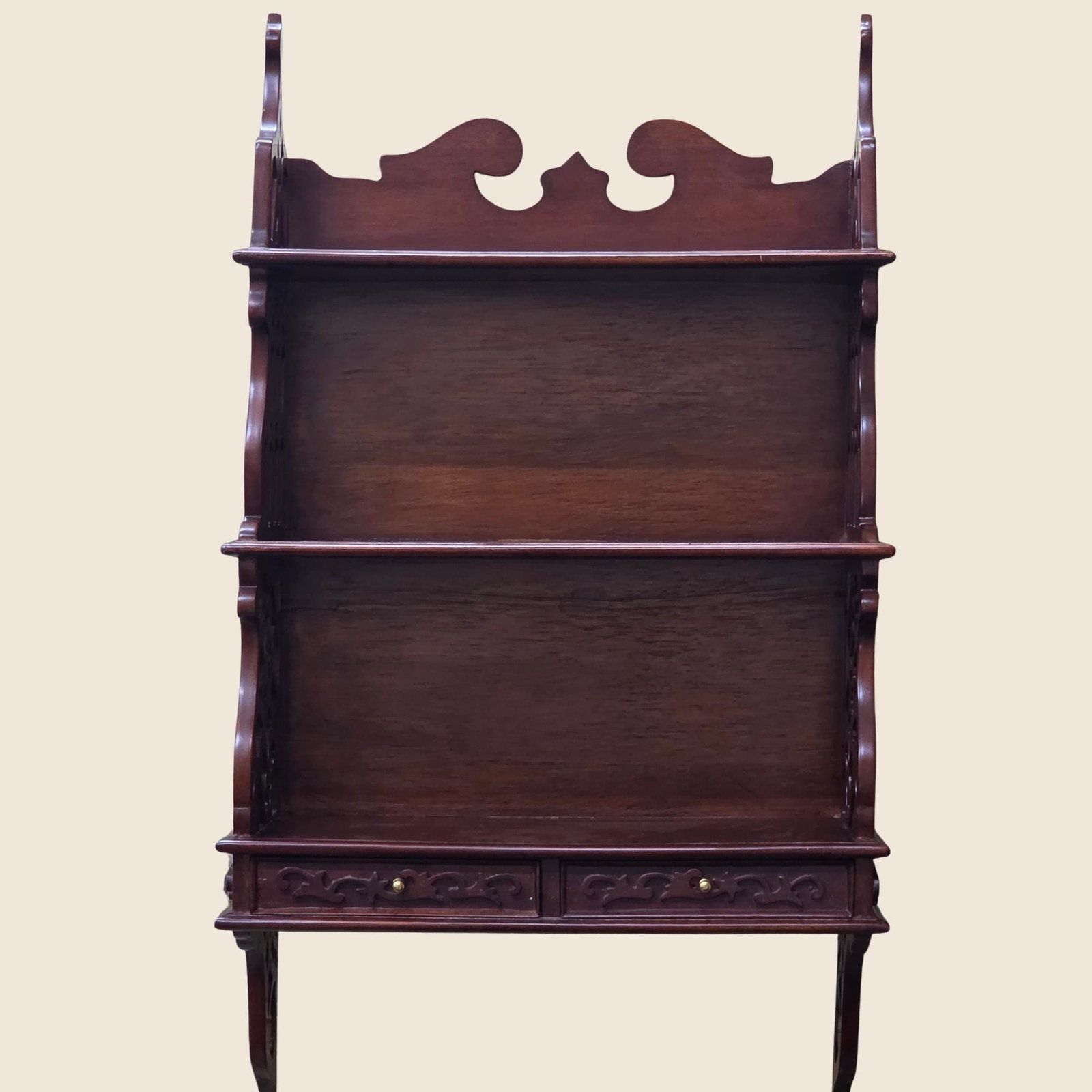 1970 Large Wood Wall Shelf Mahogany Chinoiserie Chippendale Etagere Curating Living Room - 7