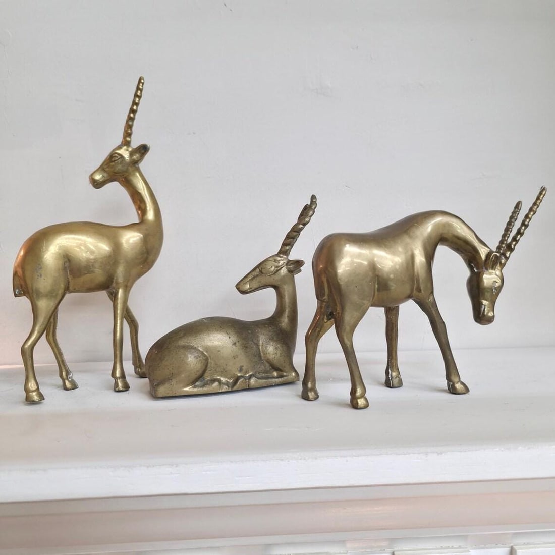 Vintage Brass Gazelles Sculptures Shelf Decor Antelope Set of 3 MCM Figurines Hollywood Regency - 6