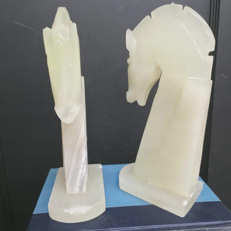 Vintage Onyx Horse Bookends Mid Century Carved Alabaster Chess Knight Stone Desk Decor - 2