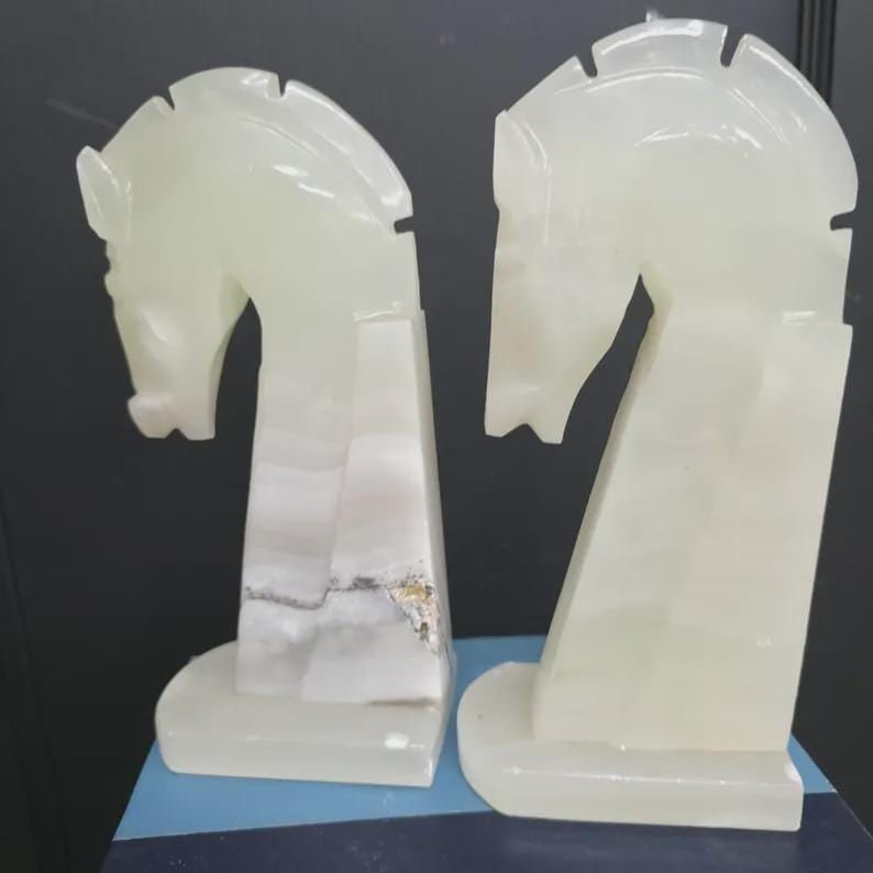 Vintage Onyx Horse Bookends Mid Century Carved Alabaster Chess Knight Stone Desk Decor - 3