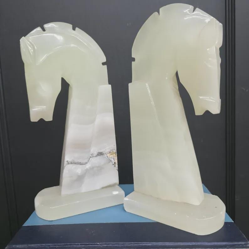 Vintage Onyx Horse Bookends Mid Century Carved Alabaster Chess Knight Stone Desk Decor - 4