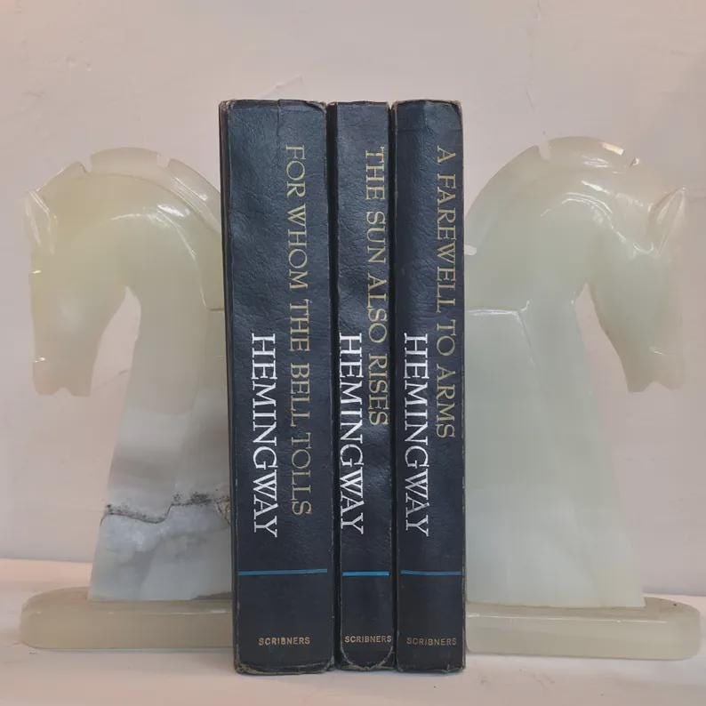 Vintage Onyx Horse Bookends Mid Century Carved Alabaster Chess Knight Stone Desk Decor - 8