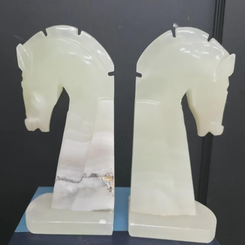 Vintage Onyx Horse Bookends Mid Century Carved Alabaster Chess Knight Stone Desk Decor - 9