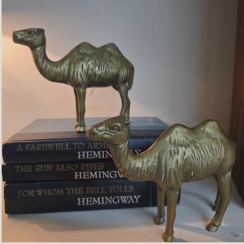 Vintage Solid Brass Camel Pair Sculptural Global Accents Organic Patina Decor - 2