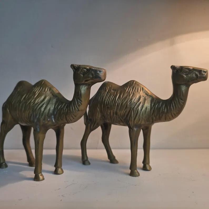 Vintage Solid Brass Camel Pair Sculptural Global Accents Organic Patina Decor - 5