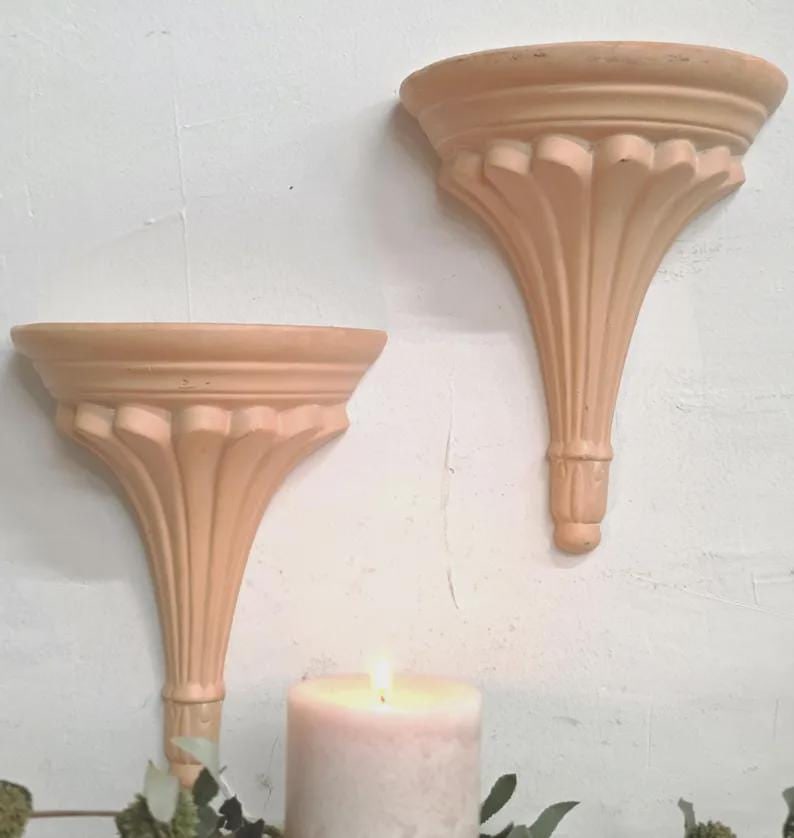 Pair Small Clay Wall Sconce Shelves Mini Organic Modern Niches 1980s Artisan Decor - 2