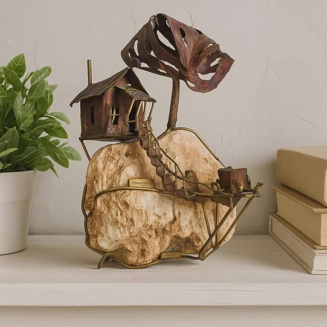 Brutalist Metal Sculpture Signed McNally Gold Mine Torch Cut Organic Industrial Gift Art: A striking signed McNally brutalist sculpture crafted from torch‑cut mixed metals and mounted on a natural stone base. Its architectural form and organic industrial patina create a powerful stat