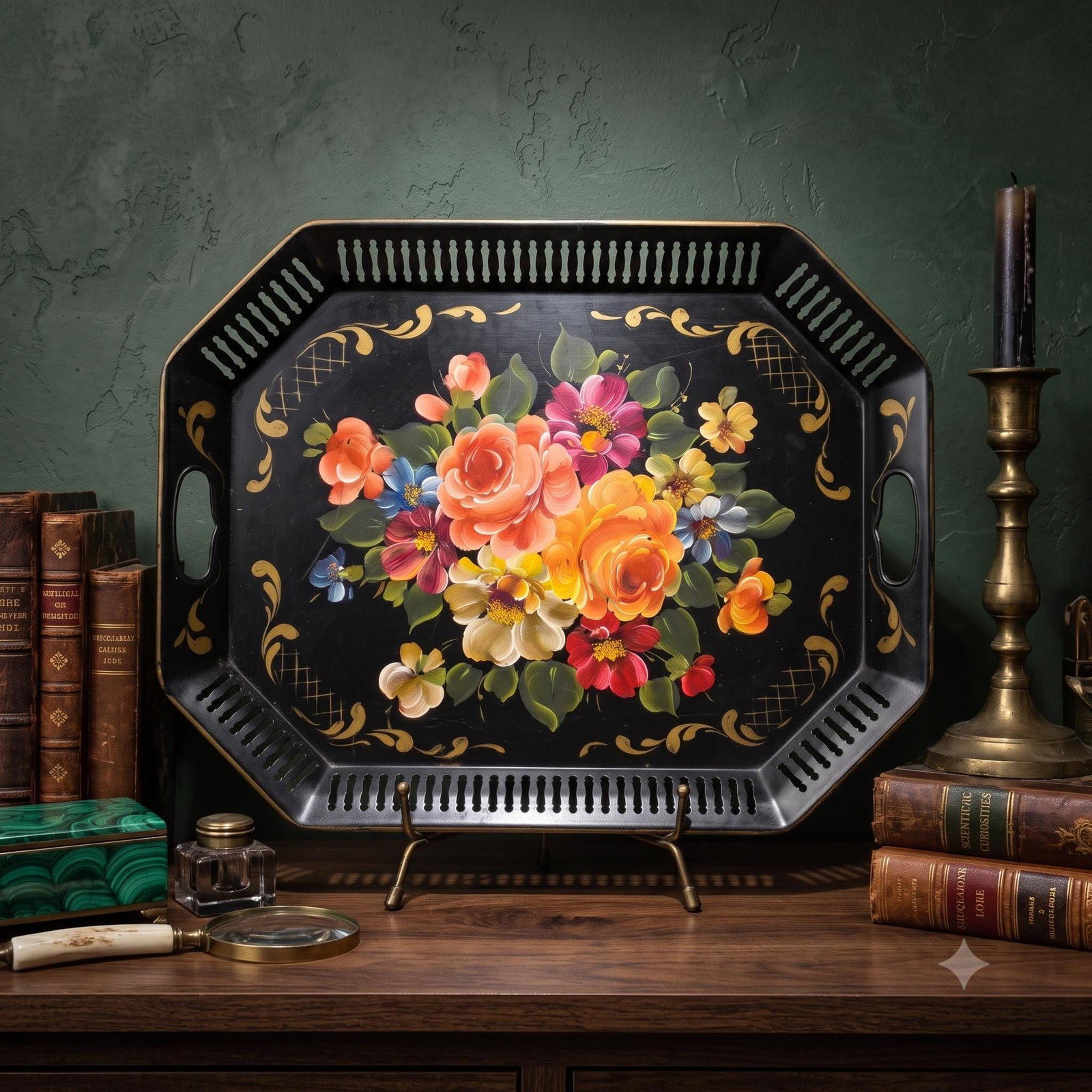 Art Gift Hand Painted Tole Tray, 1960s Philadelphia Collectible Floral Serving Tray, Vintage - 9