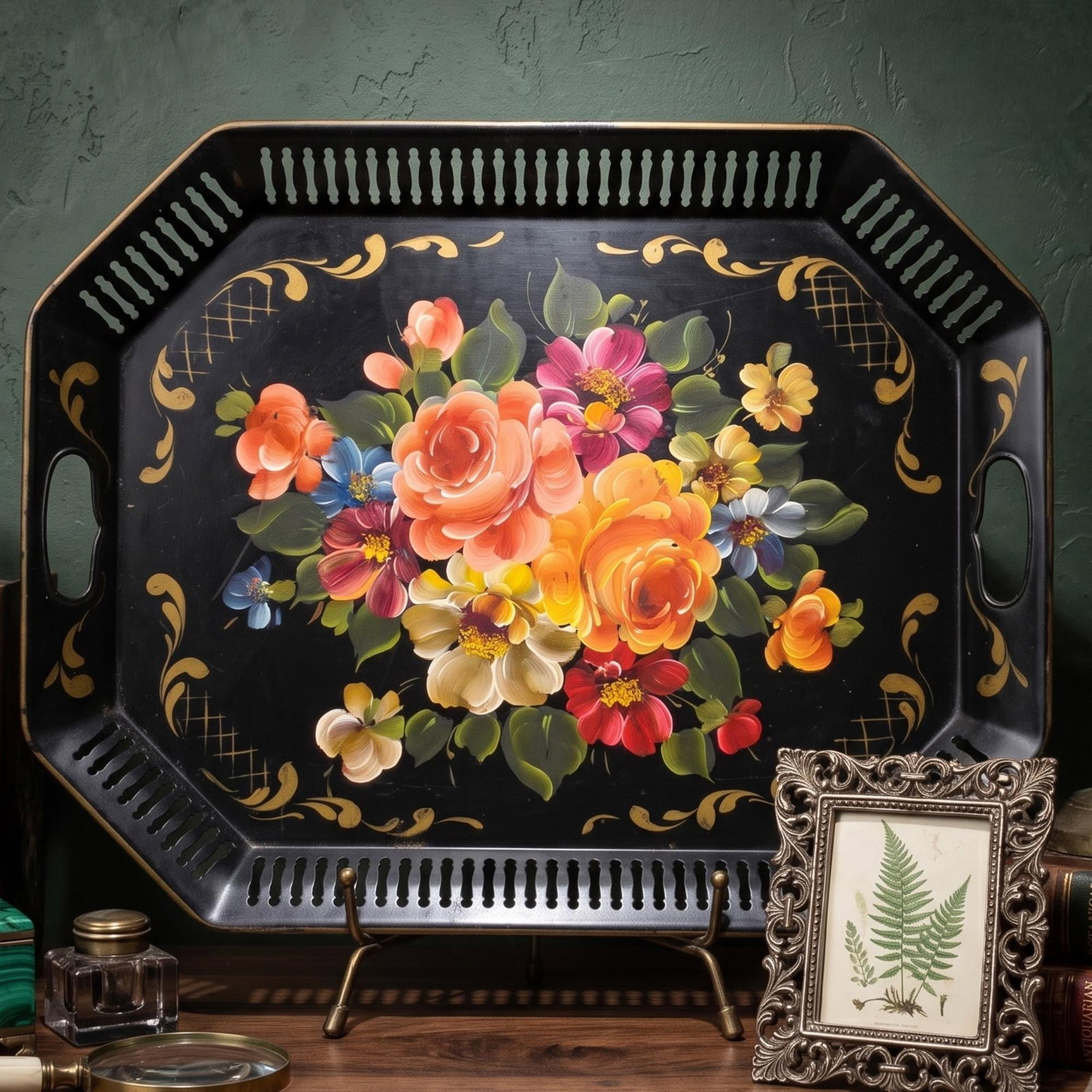 Art Gift Hand Painted Tole Tray, 1960s Philadelphia Collectible Floral Serving Tray, Vintage - 11