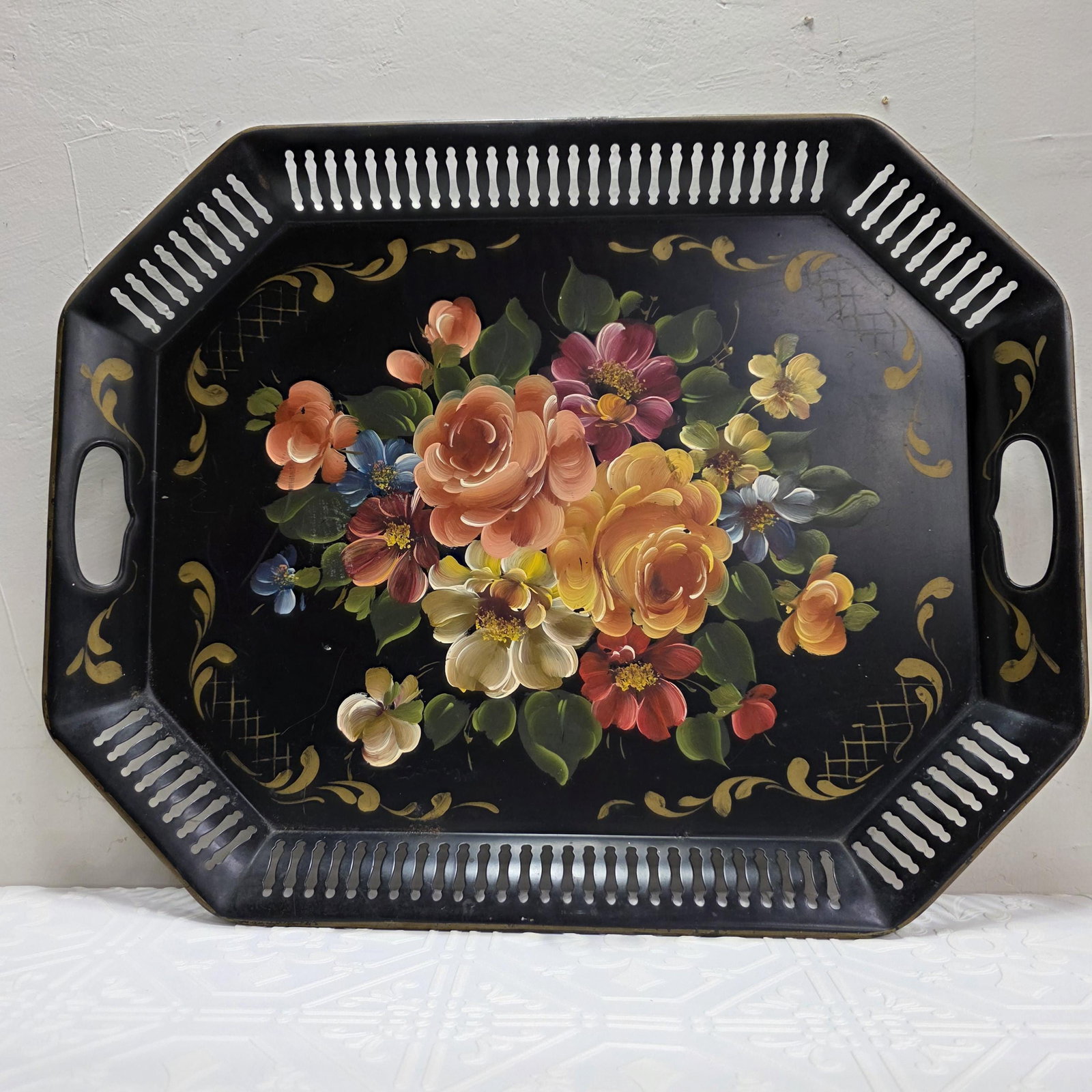 Art Gift Hand Painted Tole Tray, 1960s Philadelphia Collectible Floral Serving Tray, Vintage - 12