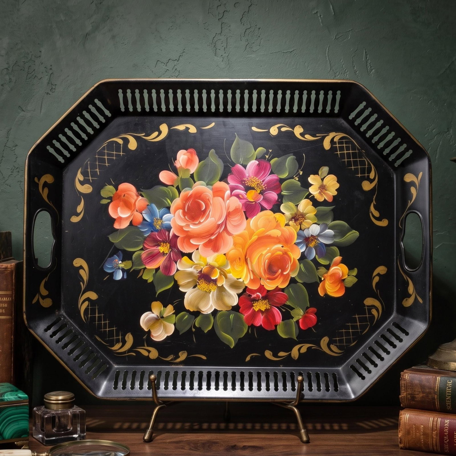 Art Gift Hand Painted Tole Tray, 1960s Philadelphia Collectible Floral Serving Tray, Vintage (1 of 12)