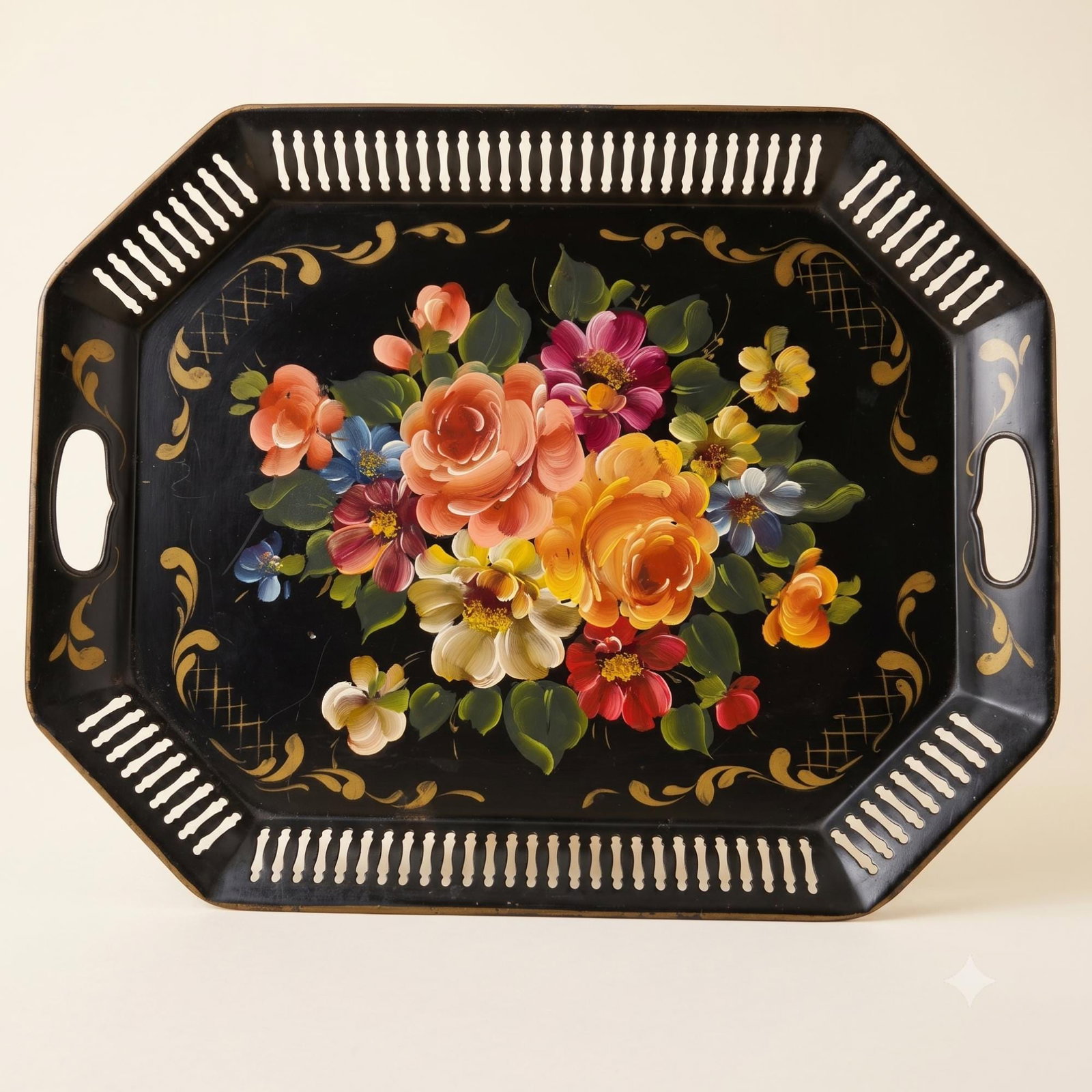 Art Gift Hand Painted Tole Tray, 1960s Philadelphia Collectible Floral Serving Tray, Vintage - 7