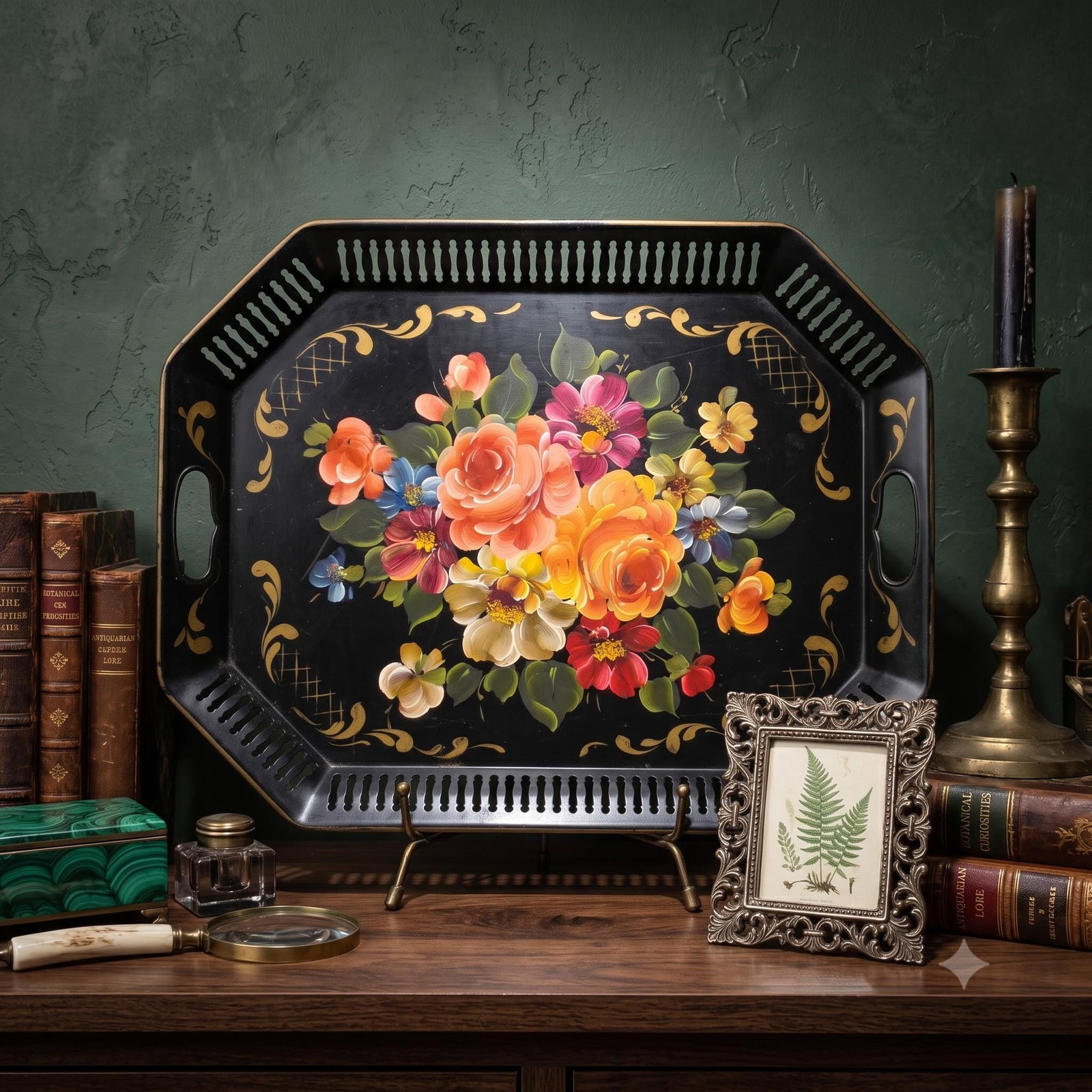 Art Gift Hand Painted Tole Tray, 1960s Philadelphia Collectible Floral Serving Tray, Vintage - 8