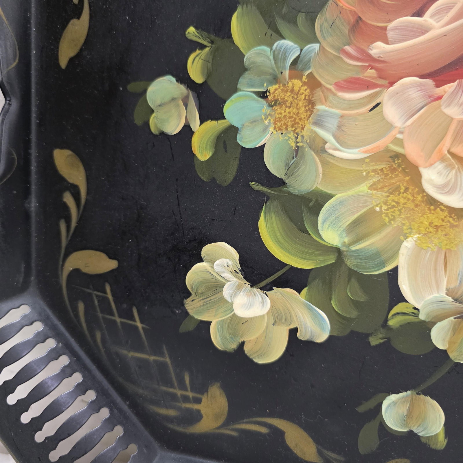 Hand Painted Black Floral Tray Vanity Serving Toleware Coffee Table Entryway Decor - 2