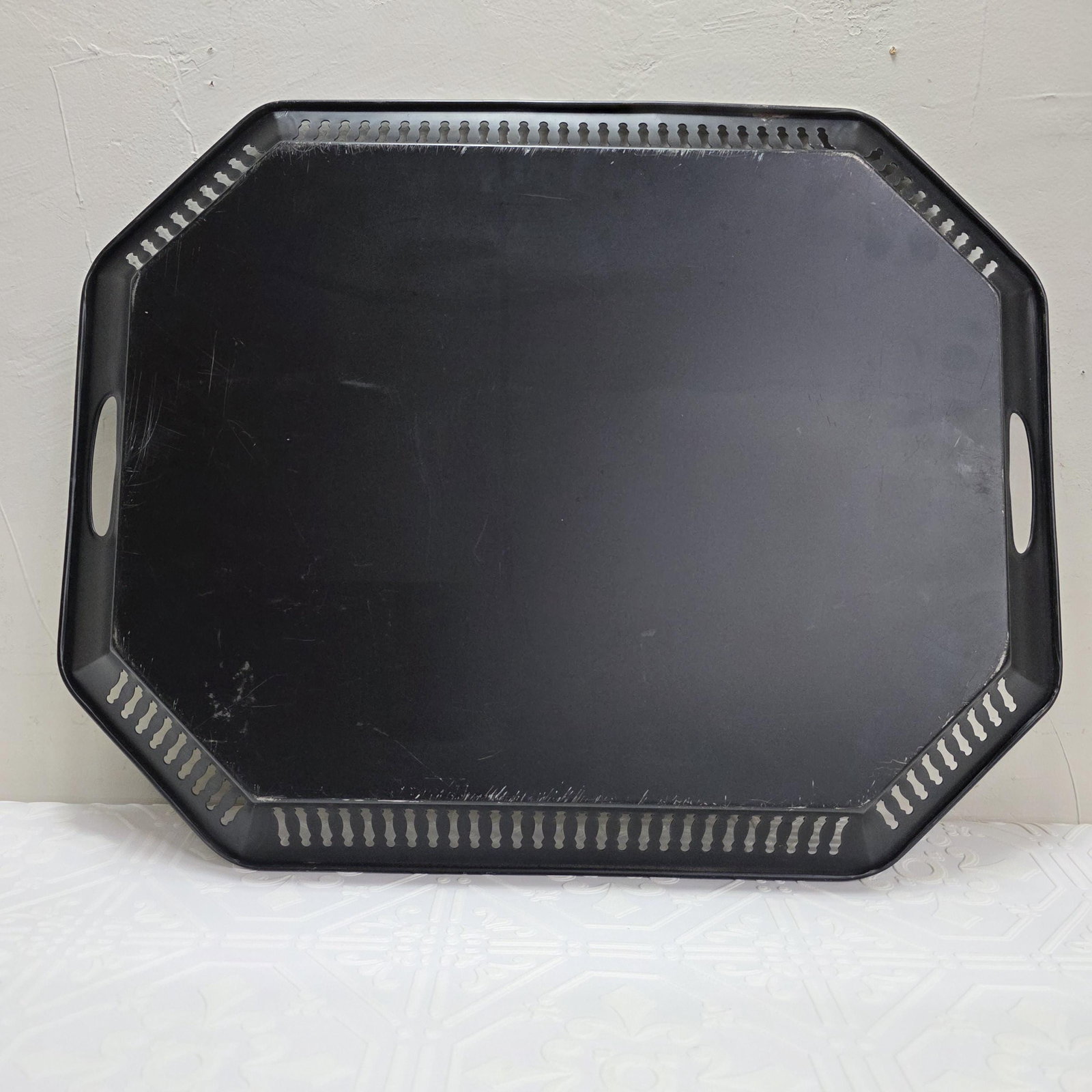 Hand Painted Black Floral Tray Vanity Serving Toleware Coffee Table Entryway Decor - 3