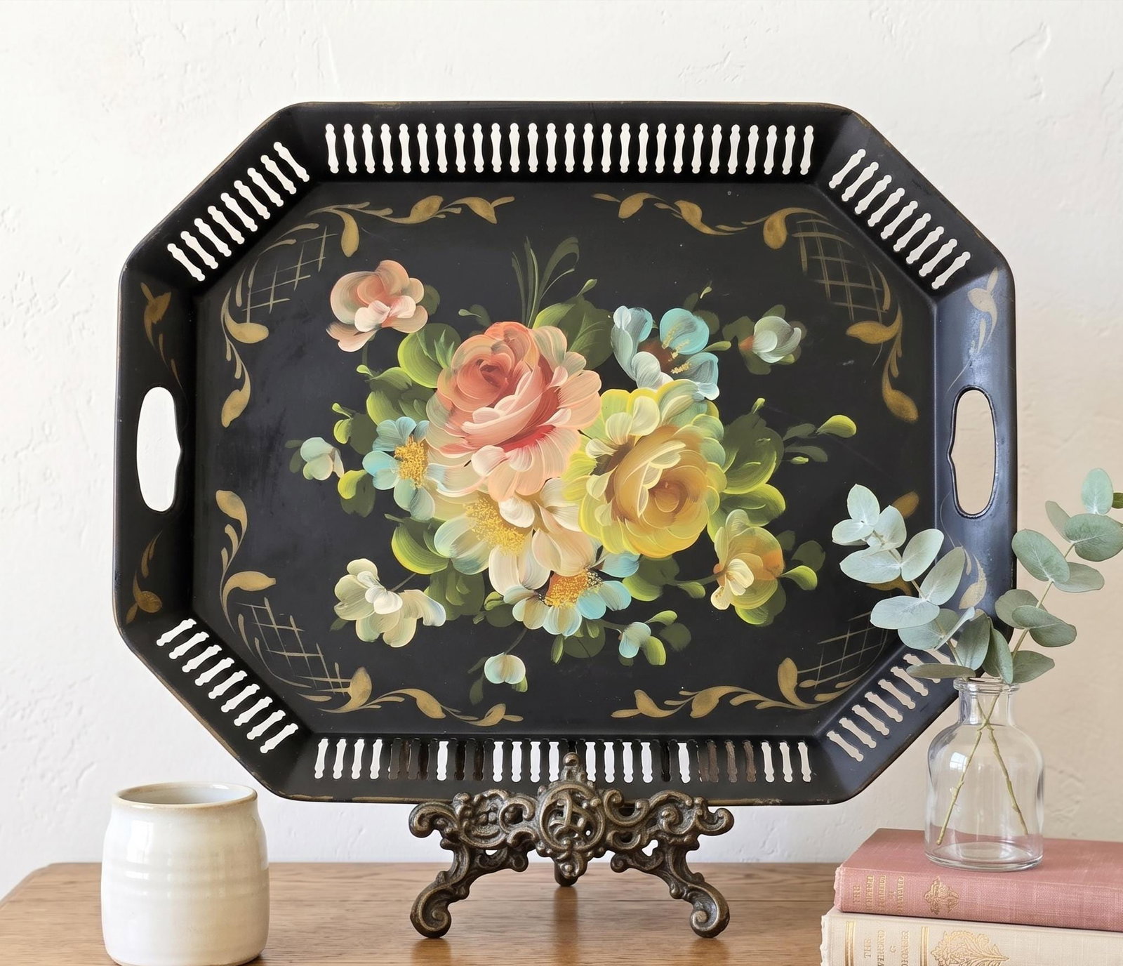Hand Painted Black Floral Tray Vanity Serving Toleware Coffee Table Entryway Decor - 5