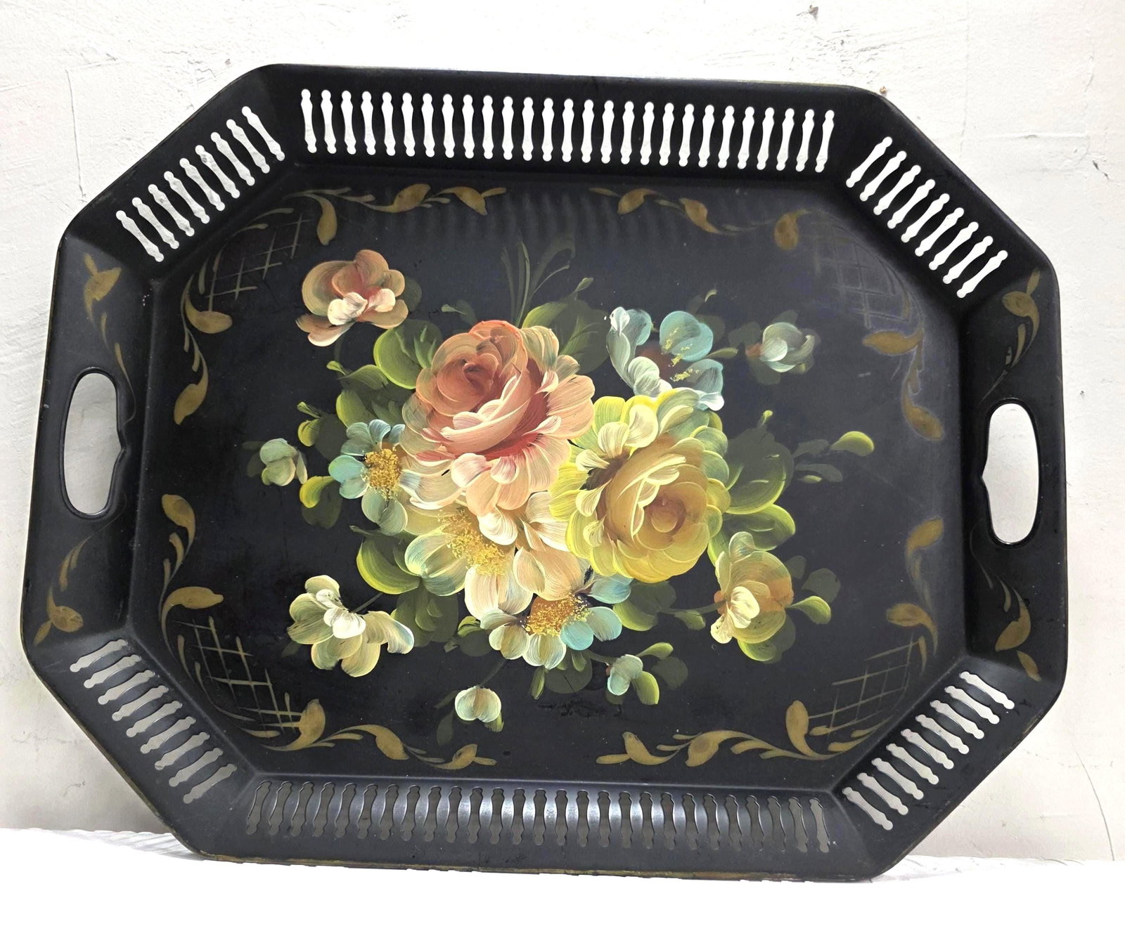 Hand Painted Black Floral Tray Vanity Serving Toleware Coffee Table Entryway Decor - 7