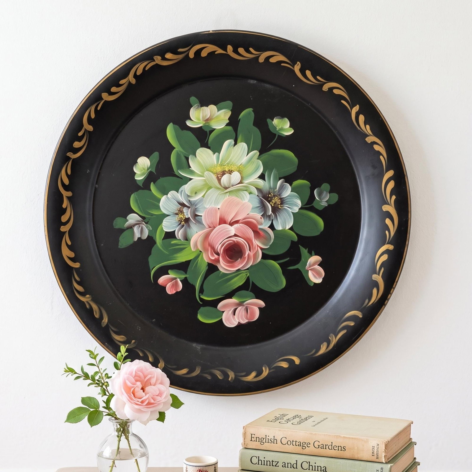 Cottagecore Hand Painted Tole Tray Round Pastel Floral Serving Toleware Grandmillennial Decor: A vintage hand-painted toleware tray with a soft pastel floral bouquet on a black lacquer ground — a mid-century American tole piece with a romantic, cottagecore-ready palette. THE PIECE Approx.