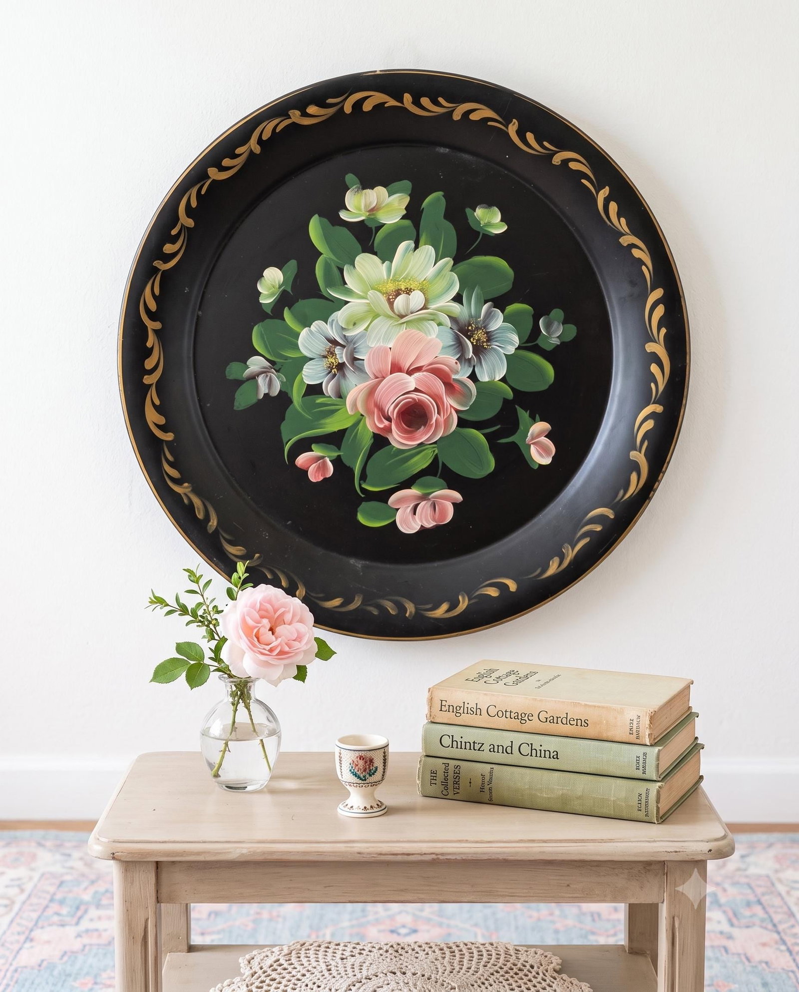 Cottagecore Hand Painted Tole Tray Round Pastel Floral Serving Toleware Grandmillennial Decor - 6