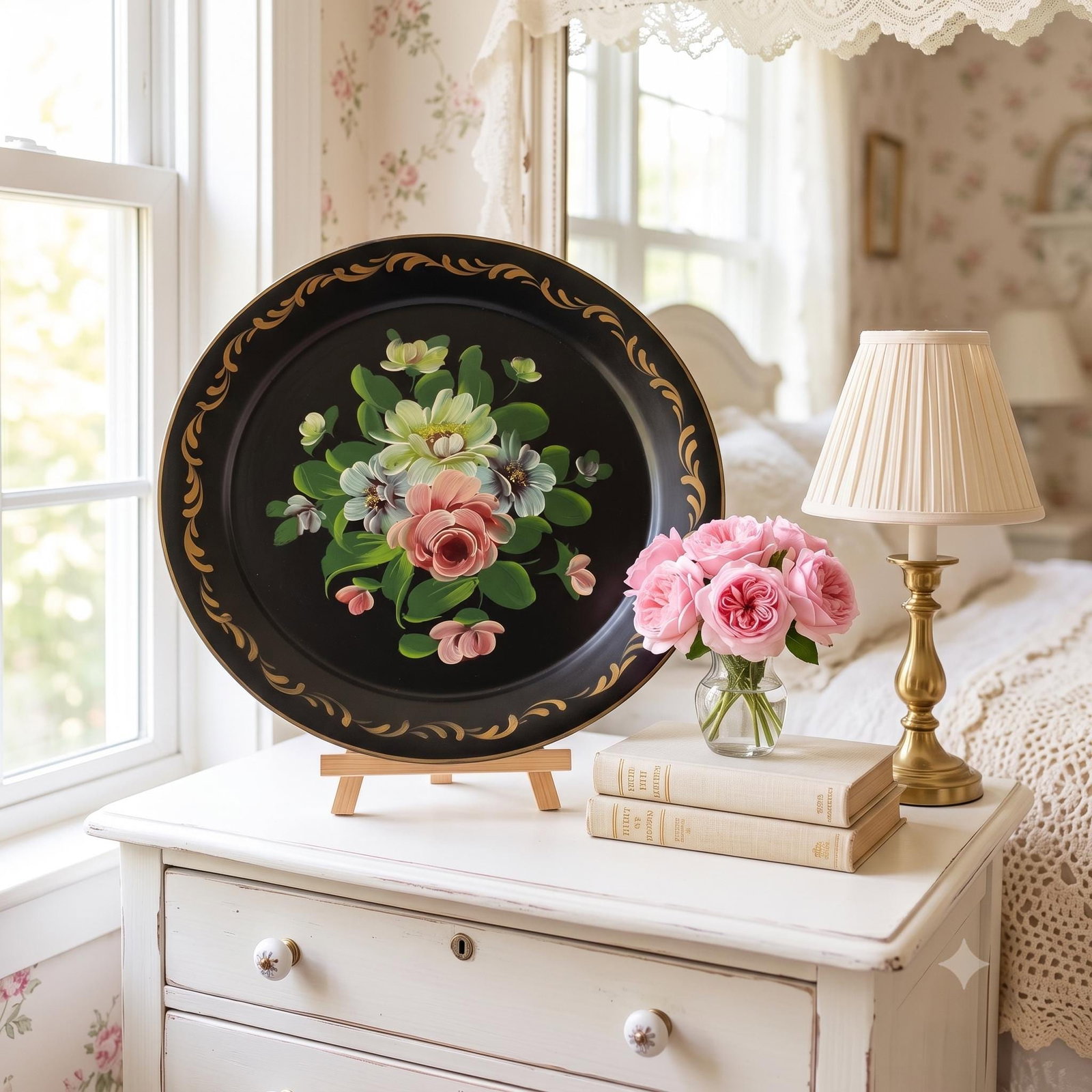 Cottagecore Hand Painted Tole Tray Round Pastel Floral Serving Toleware Grandmillennial Decor - 8