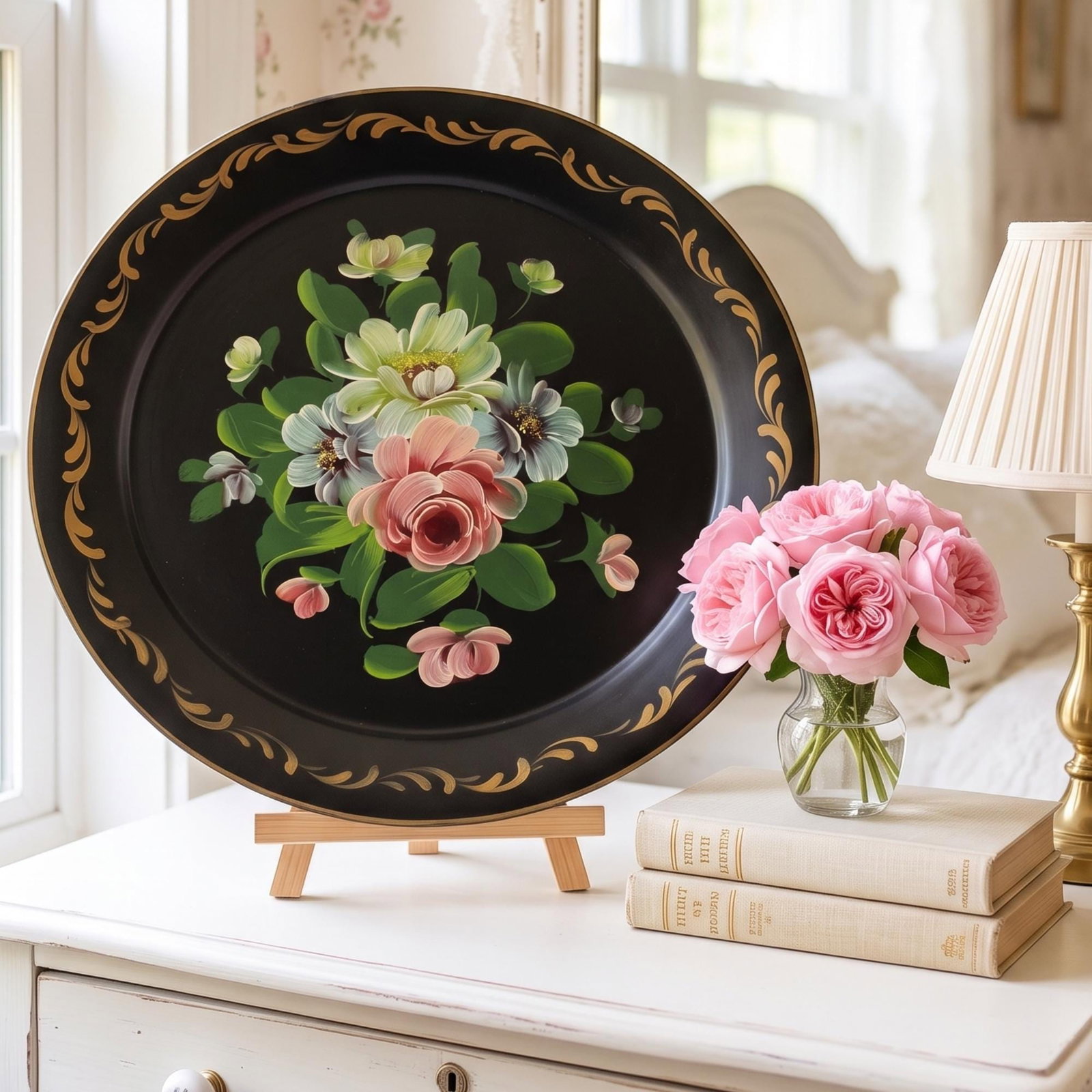 Cottagecore Hand Painted Tole Tray Round Pastel Floral Serving Toleware Grandmillennial Decor - 9
