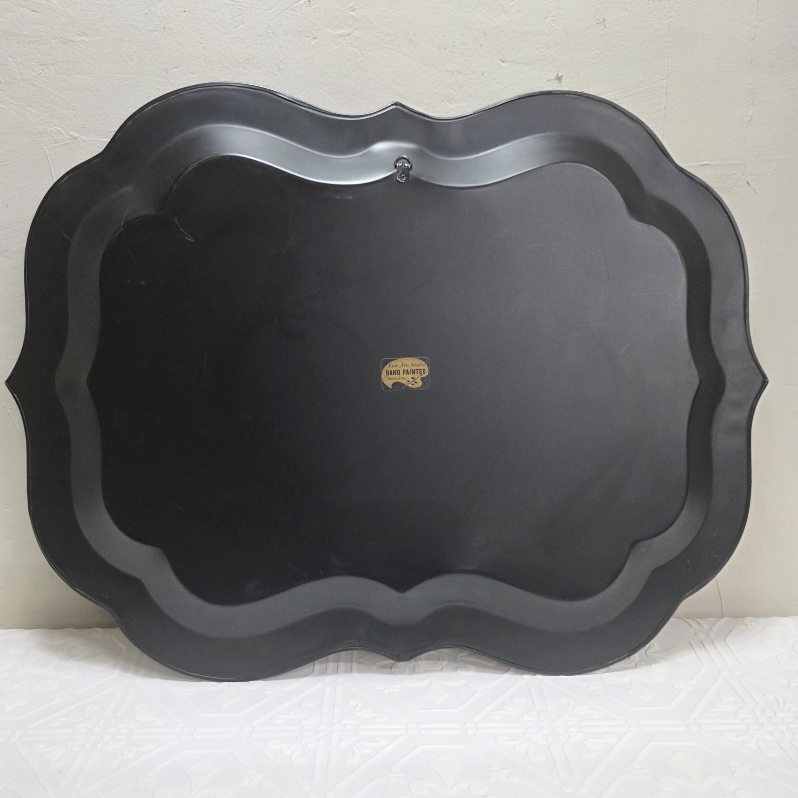 Large 1950s Hand Painted Toleware Tray Black Metal Floral Serving Tole Fine Arts Studio - 10