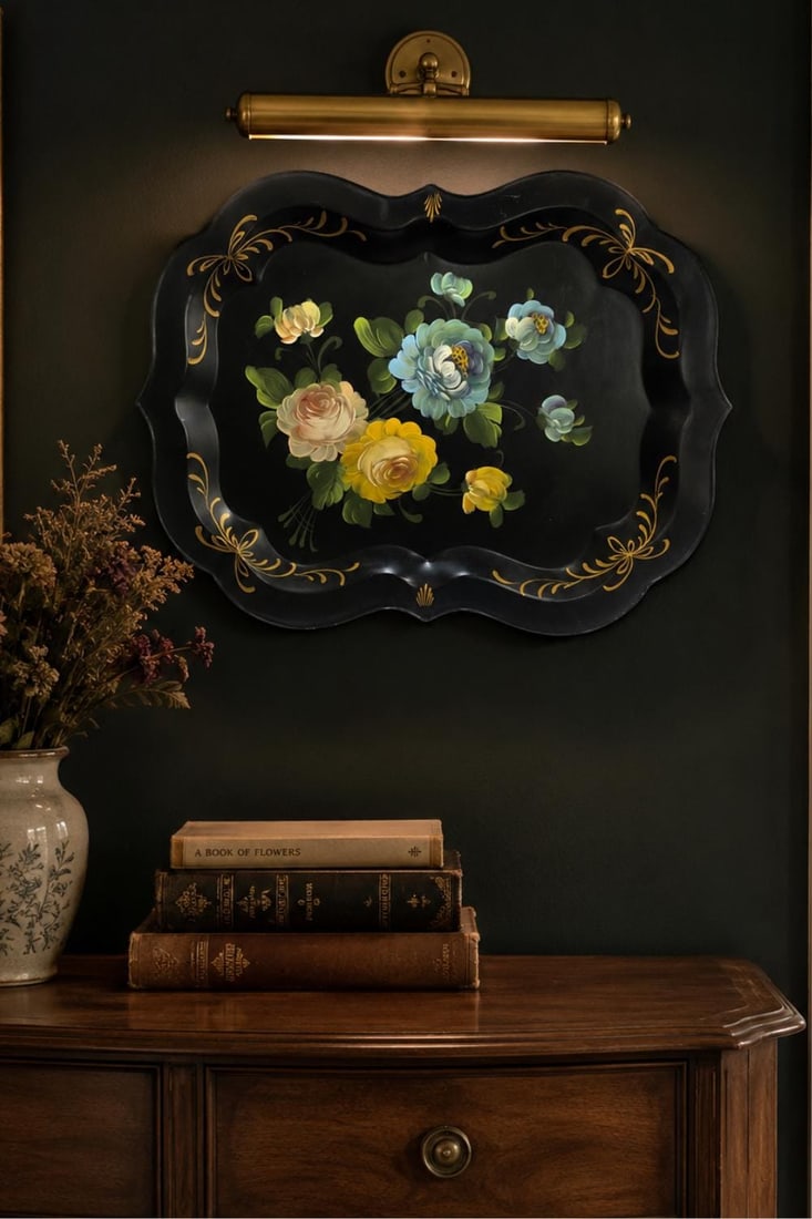 Large 1950s Hand Painted Toleware Tray Black Metal Floral Serving Tole Fine Arts Studio - 12