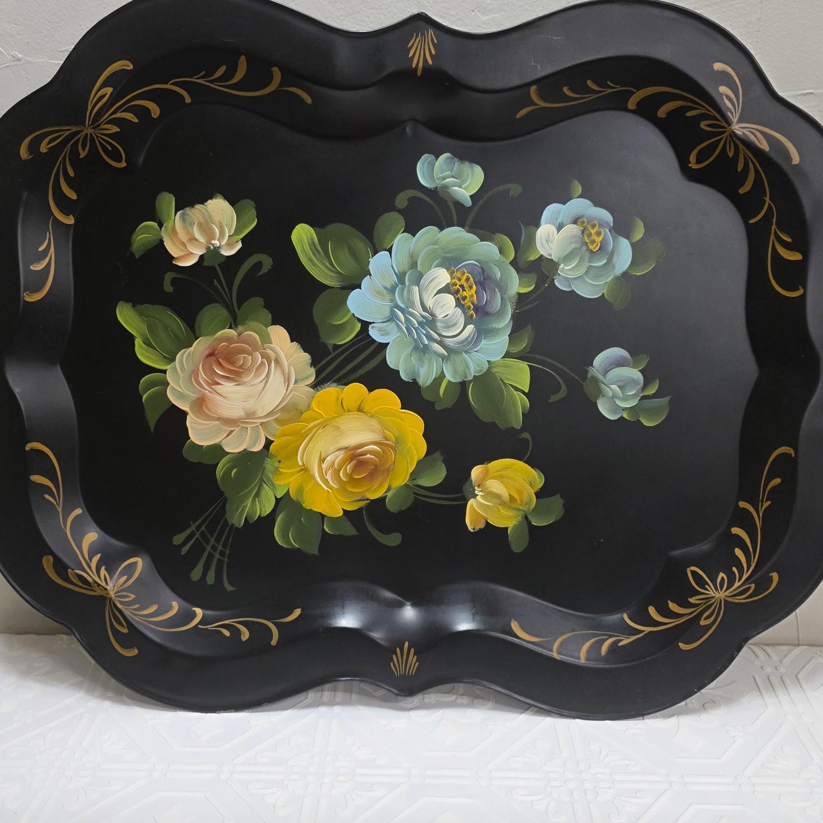 Large 1950s Hand Painted Toleware Tray Black Metal Floral Serving Tole Fine Arts Studio - 13