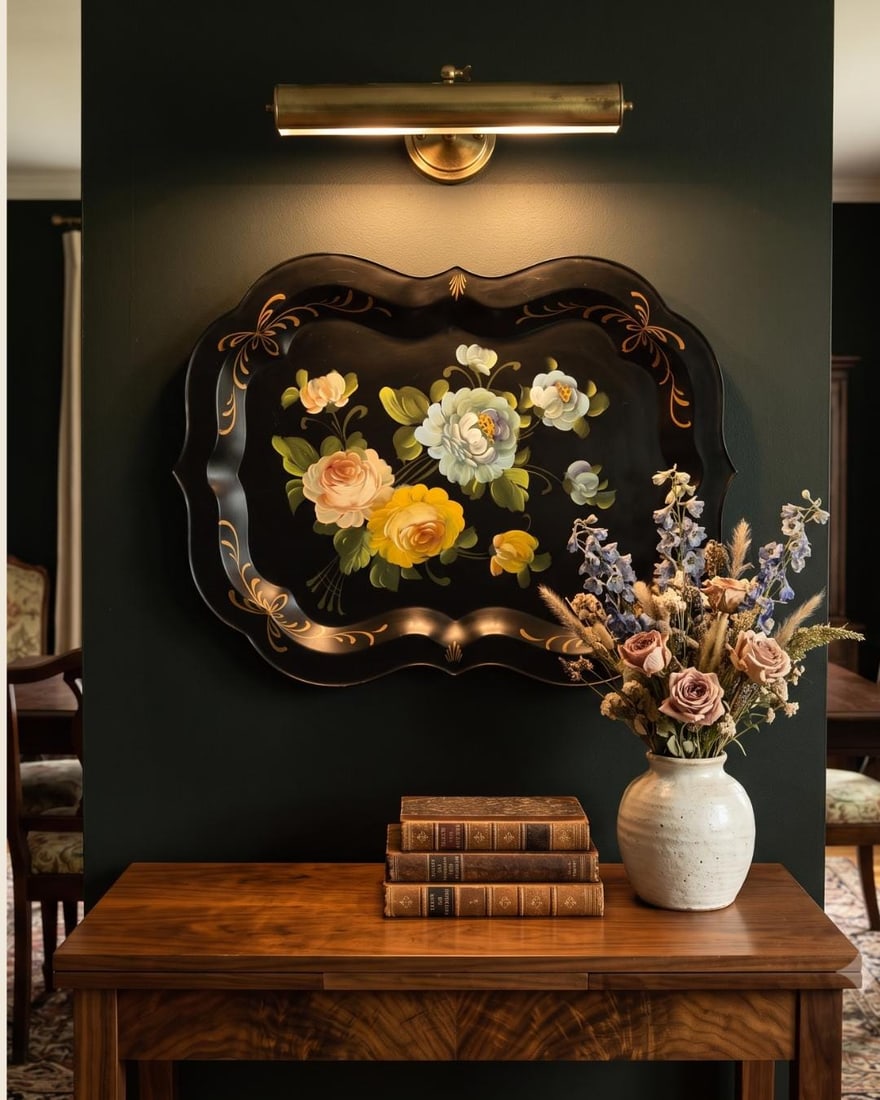 Large 1950s Hand Painted Toleware Tray Black Metal Floral Serving Tole Fine Arts Studio - 14