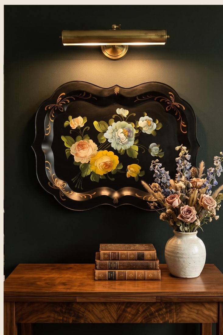 Large 1950s Hand Painted Toleware Tray Black Metal Floral Serving Tole Fine Arts Studio - 15