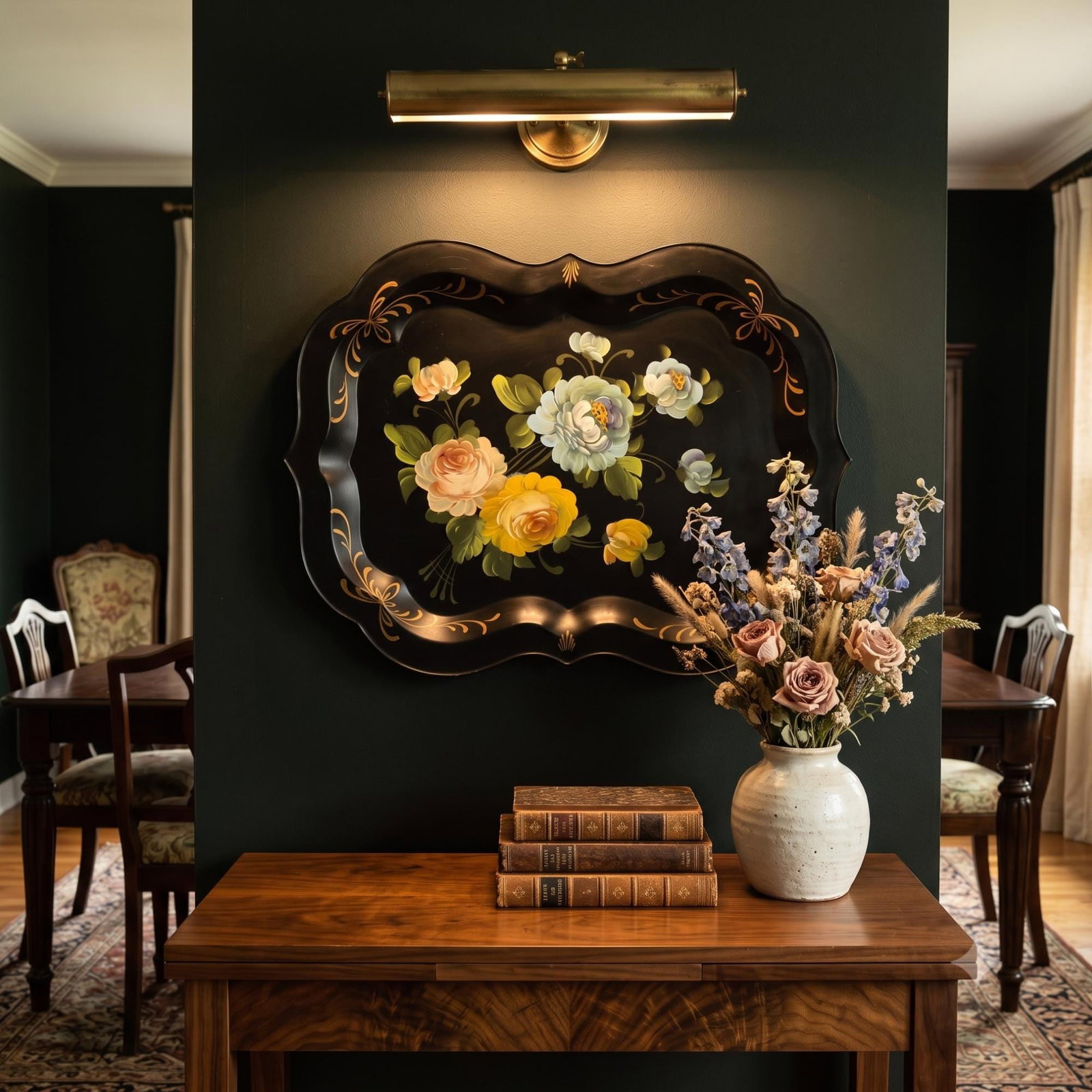 Large 1950s Hand Painted Toleware Tray Black Metal Floral Serving Tole Fine Arts Studio (1 of 15)