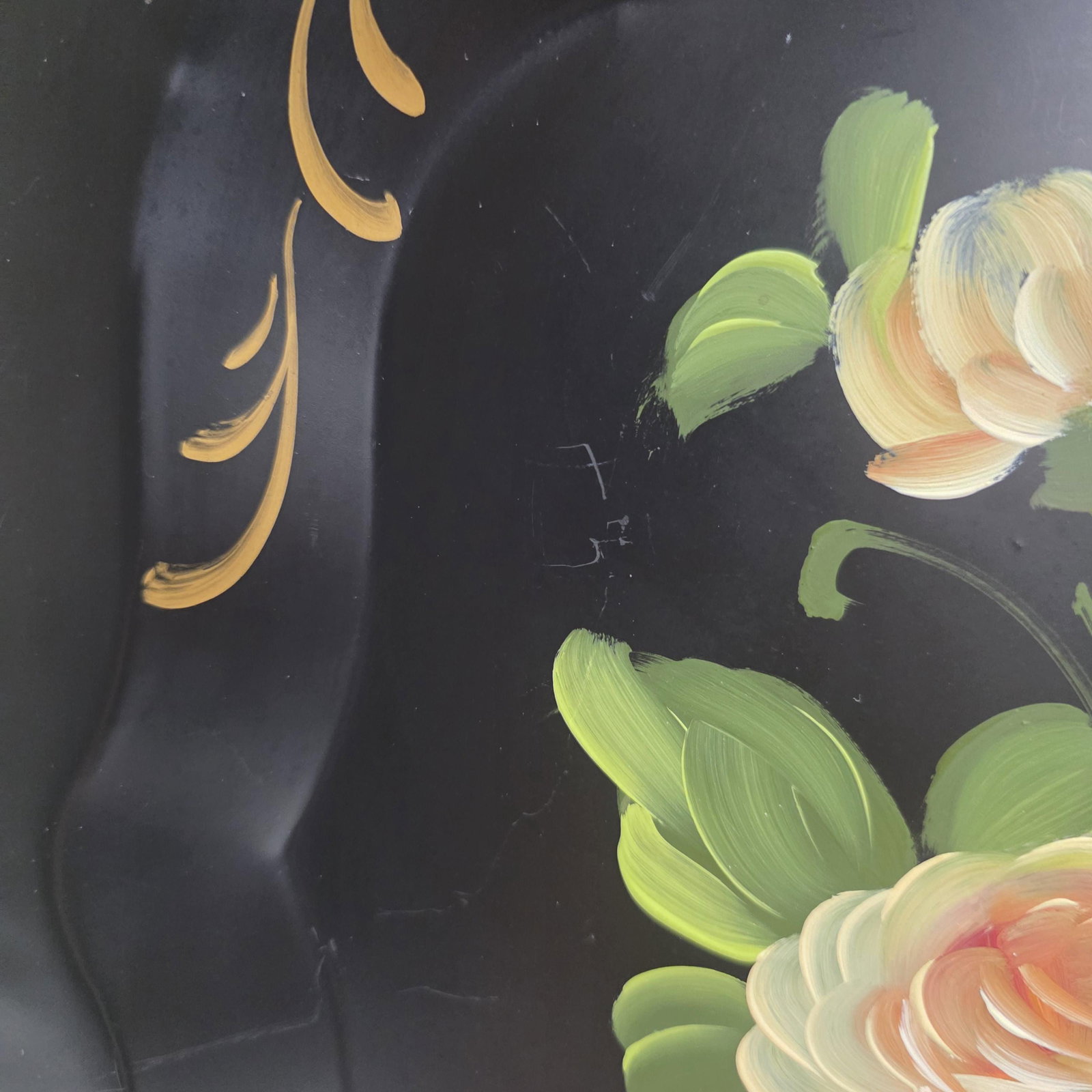 Large 1950s Hand Painted Toleware Tray Black Metal Floral Serving Tole Fine Arts Studio - 5