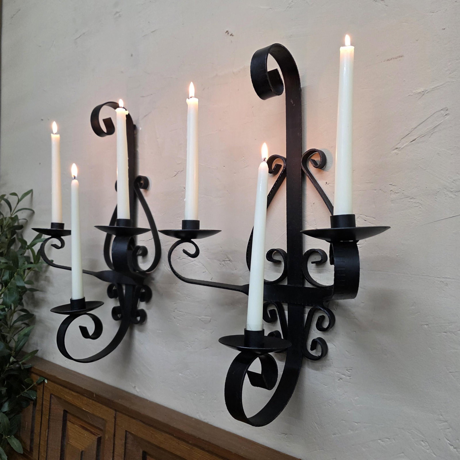 1960 Heavy Iron Wall Sconce Candle Holders 20" Pair 3-Arm Candelabra Gothic, Spanish Revival Decor - 10