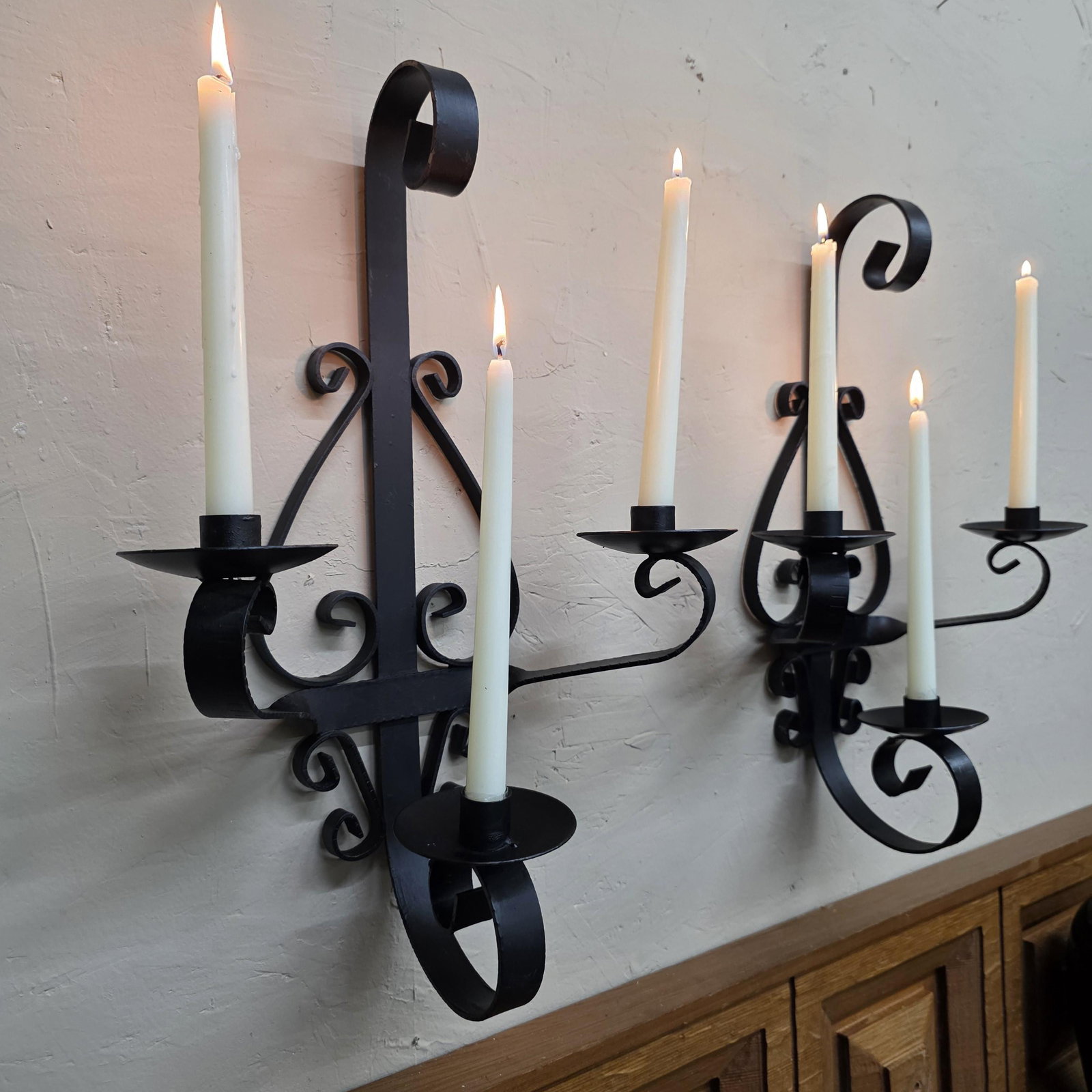 1960 Heavy Iron Wall Sconce Candle Holders 20" Pair 3-Arm Candelabra Gothic, Spanish Revival Decor - 11