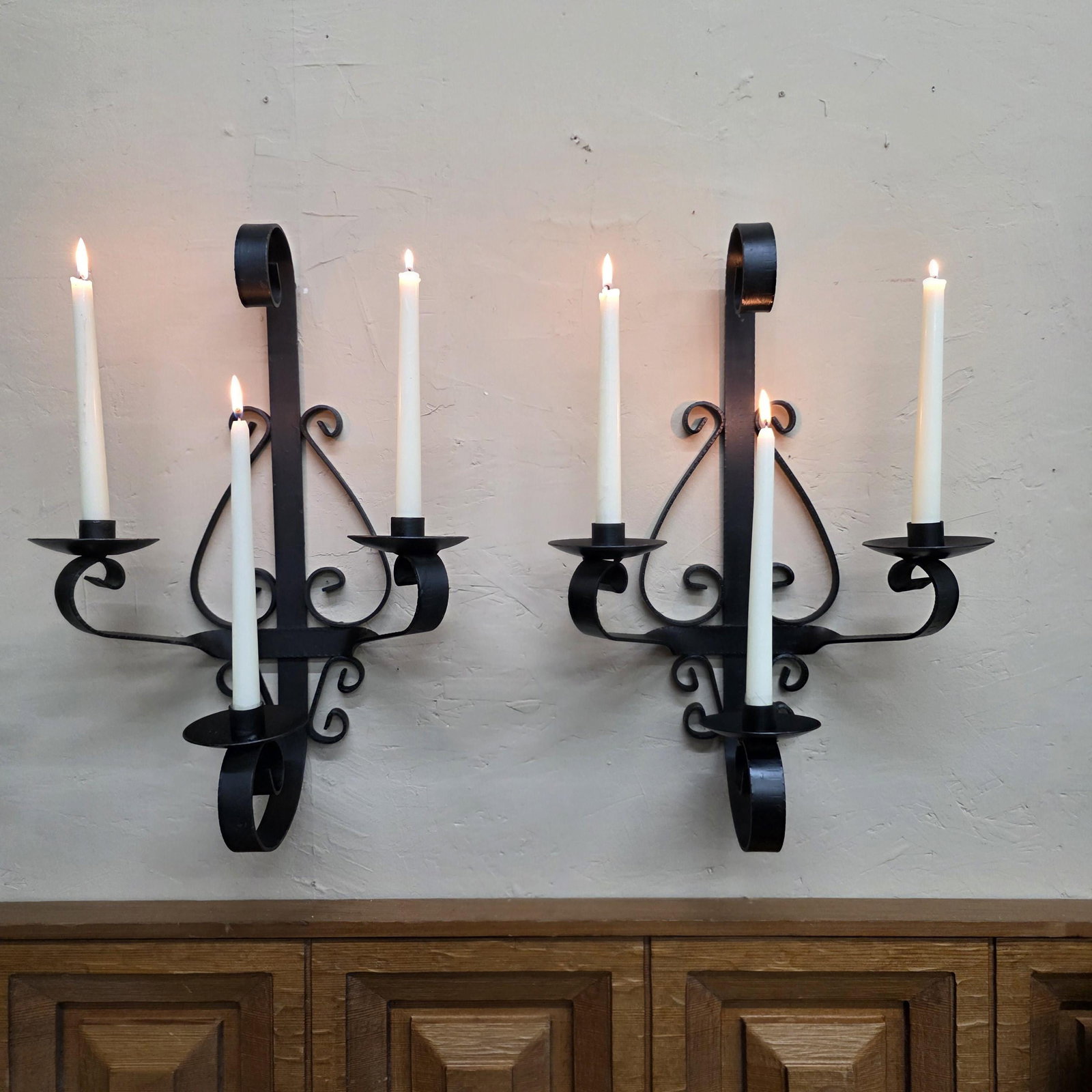 1960 Heavy Iron Wall Sconce Candle Holders 20" Pair 3-Arm Candelabra Gothic, Spanish Revival Decor - 12