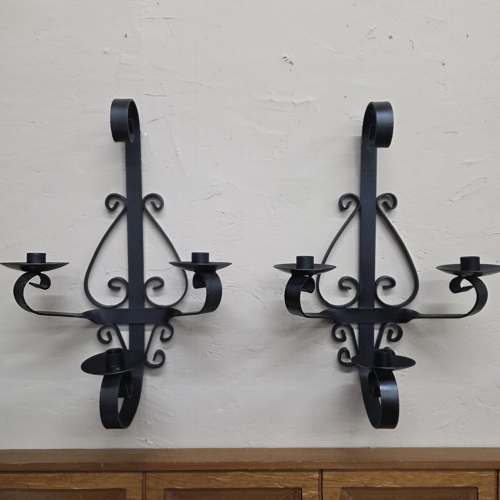 1960 Heavy Iron Wall Sconce Candle Holders 20" Pair 3-Arm Candelabra Gothic, Spanish Revival Decor - 13