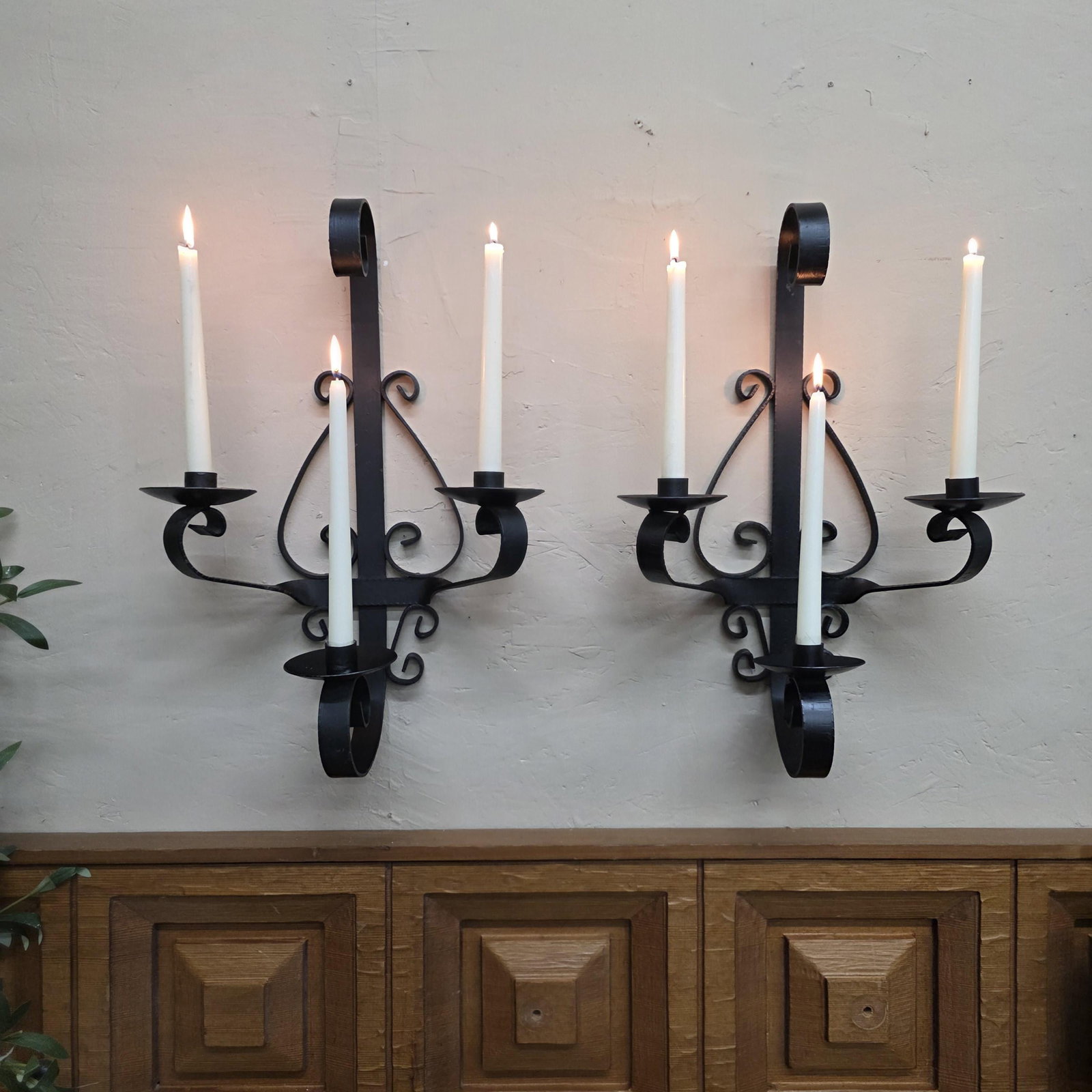 1960 Heavy Iron Wall Sconce Candle Holders 20" Pair 3-Arm Candelabra Gothic, Spanish Revival Decor - 14