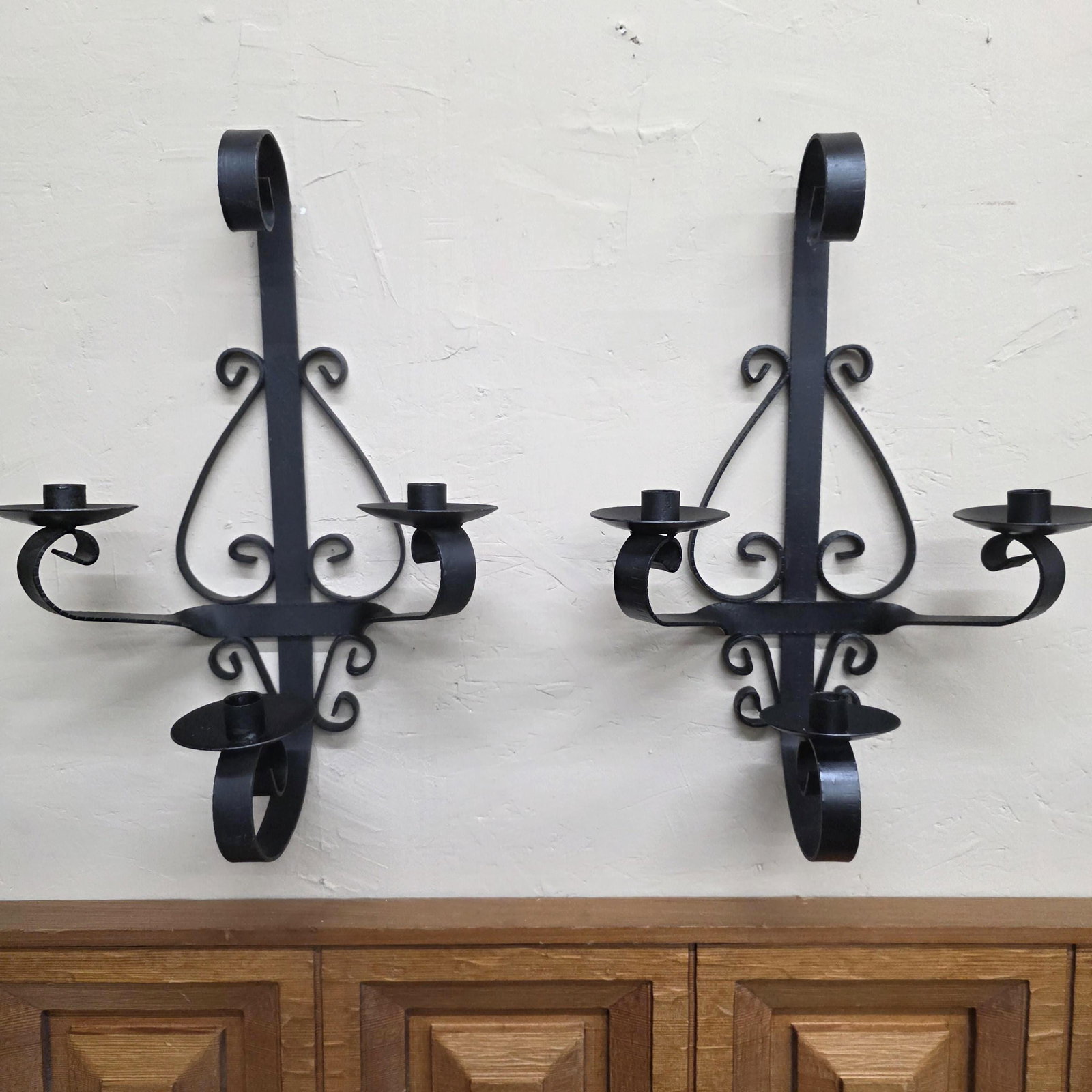 1960 Heavy Iron Wall Sconce Candle Holders 20" Pair 3-Arm Candelabra Gothic, Spanish Revival Decor - 15