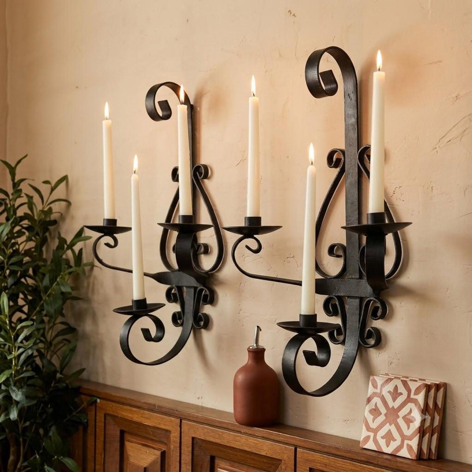 1960 Heavy Iron Wall Sconce Candle Holders 20" Pair 3-Arm Candelabra Gothic, Spanish Revival Decor (1 of 15)