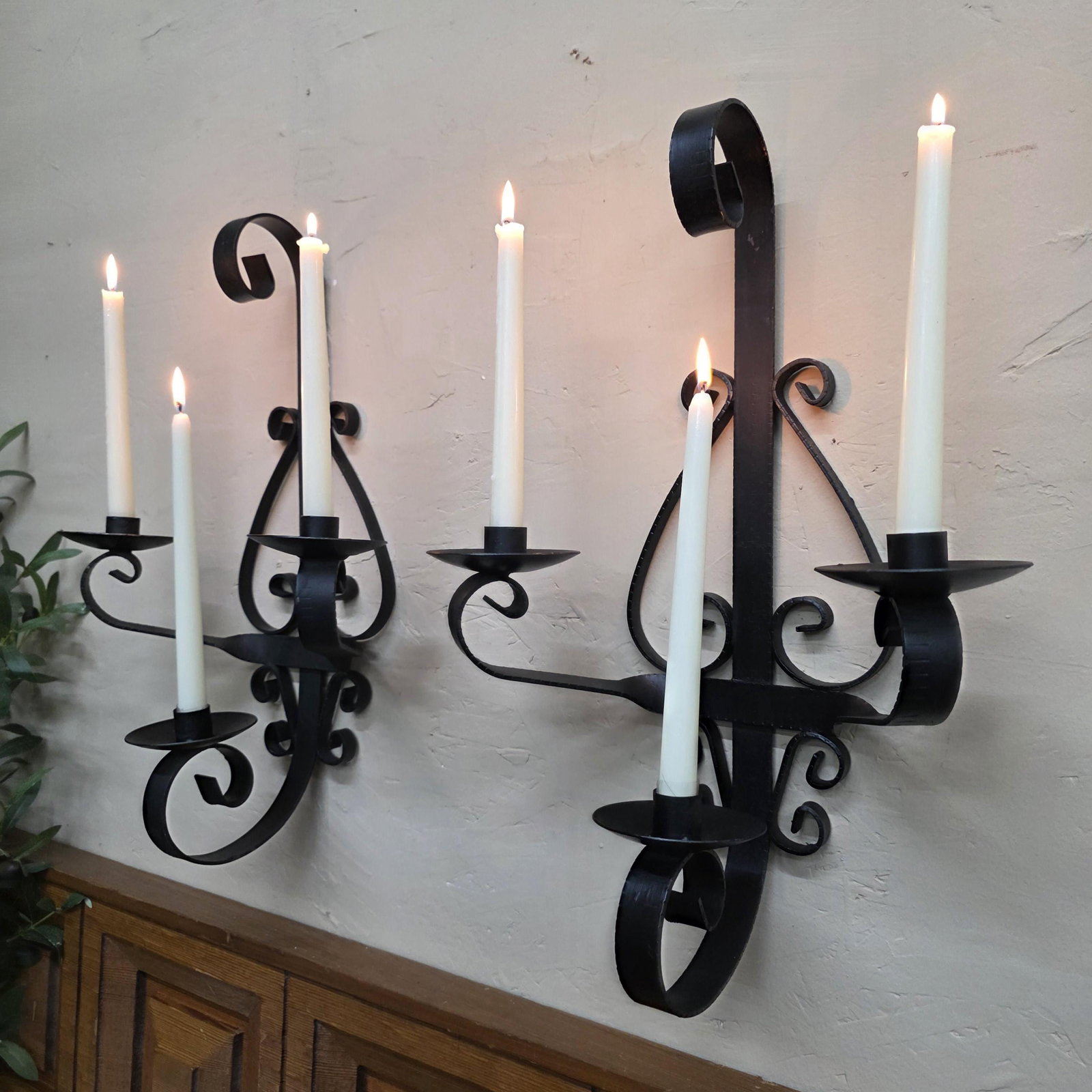 1960 Heavy Iron Wall Sconce Candle Holders 20" Pair 3-Arm Candelabra Gothic, Spanish Revival Decor - 2