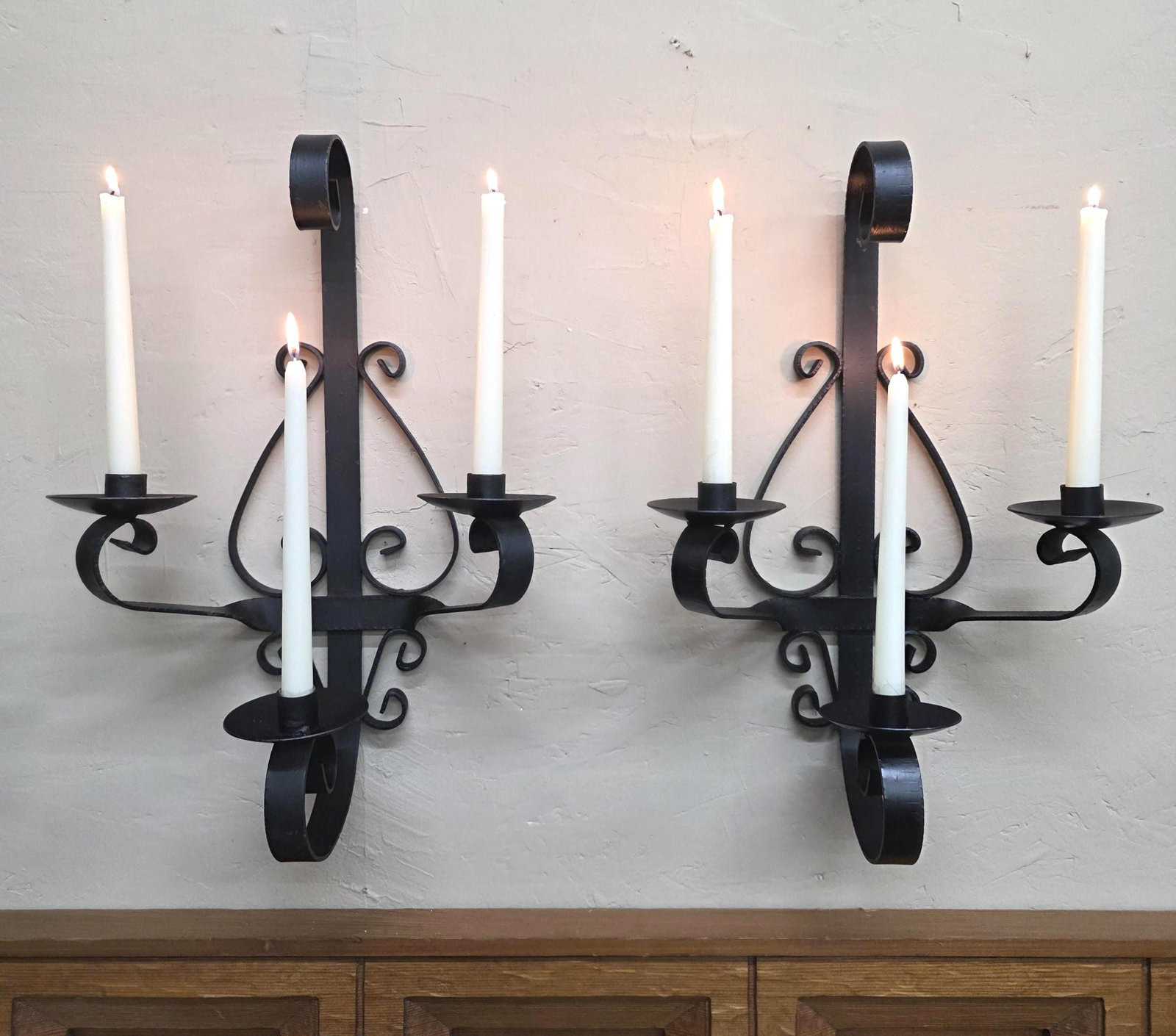 1960 Heavy Iron Wall Sconce Candle Holders 20" Pair 3-Arm Candelabra Gothic, Spanish Revival Decor - 3