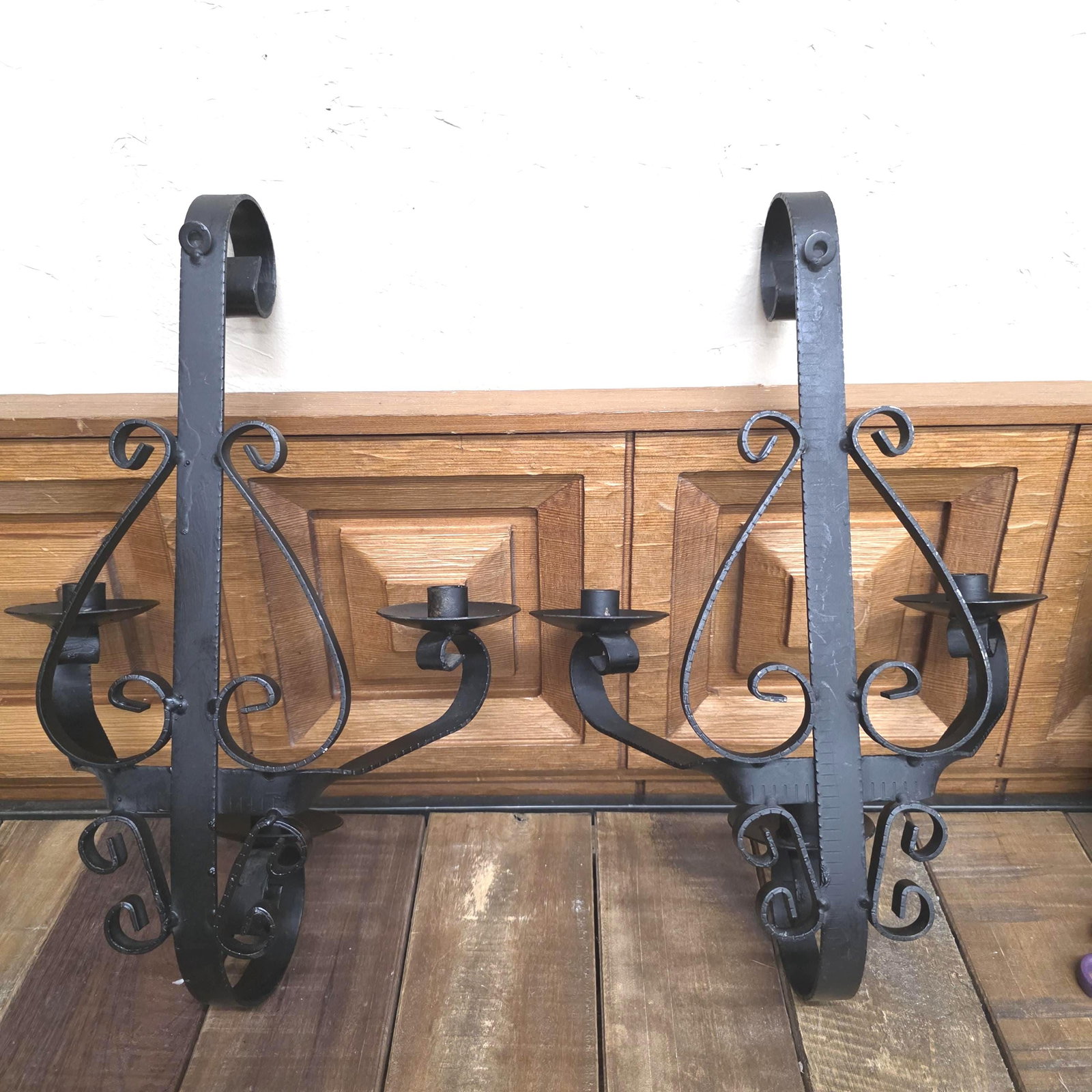 1960 Heavy Iron Wall Sconce Candle Holders 20" Pair 3-Arm Candelabra Gothic, Spanish Revival Decor - 4