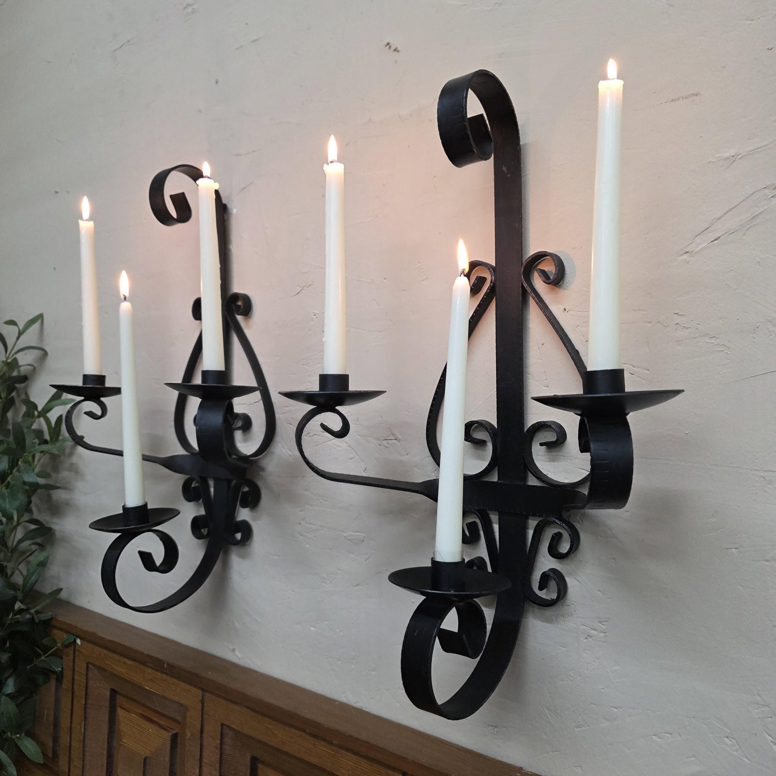 1960 Heavy Iron Wall Sconce Candle Holders 20" Pair 3-Arm Candelabra Gothic, Spanish Revival Decor - 7