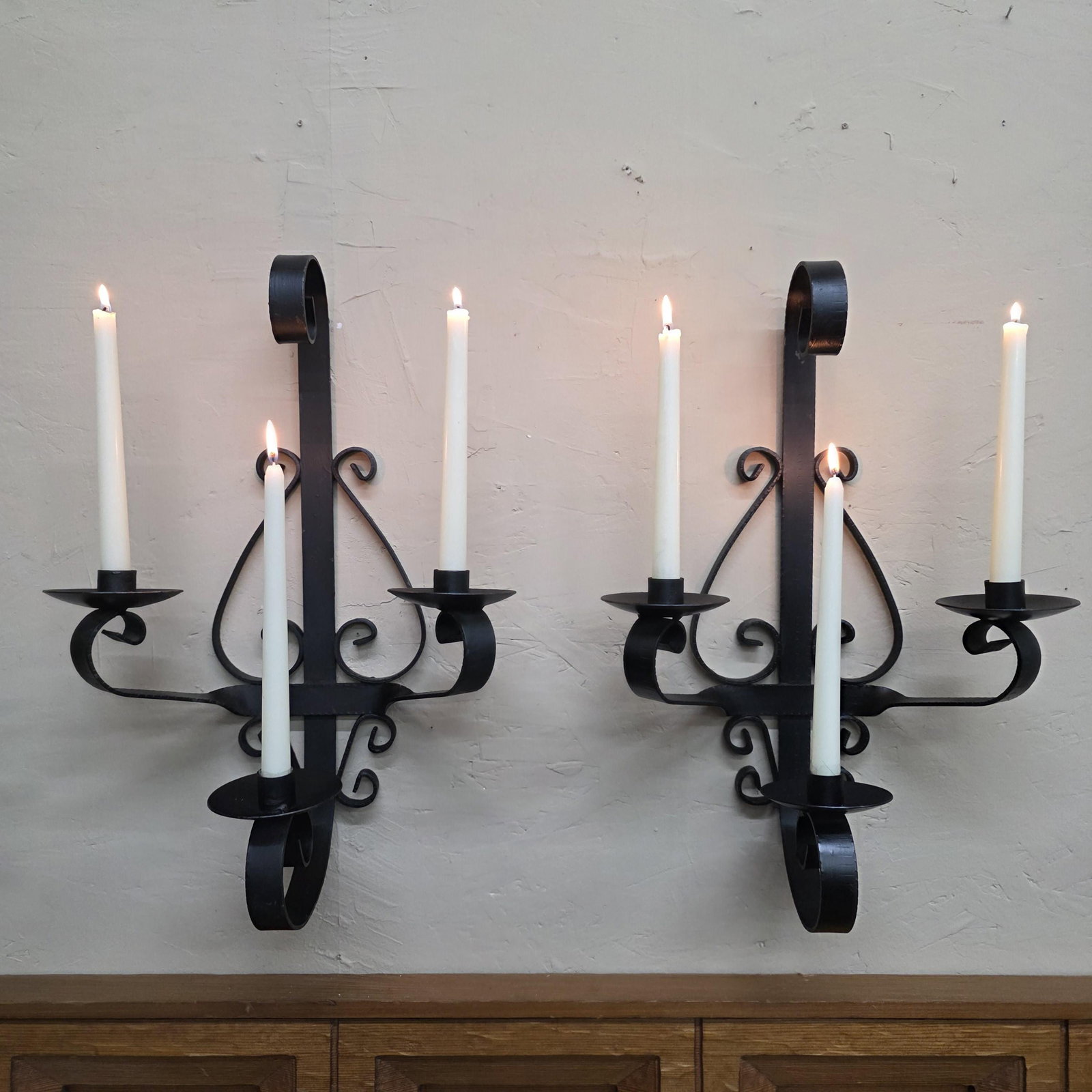 1960 Heavy Iron Wall Sconce Candle Holders 20" Pair 3-Arm Candelabra Gothic, Spanish Revival Decor - 9