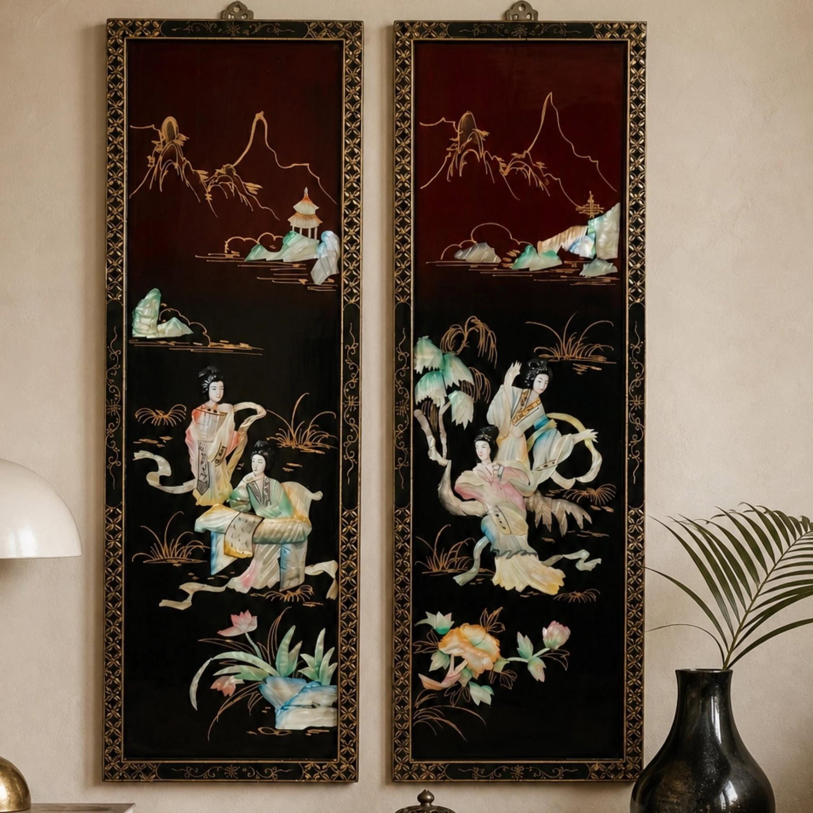 1960 Chinoiserie Wall Panels Set, Black Burgundy Lacquer Mother of Pearl Asian Wall Art (1 of 11)
