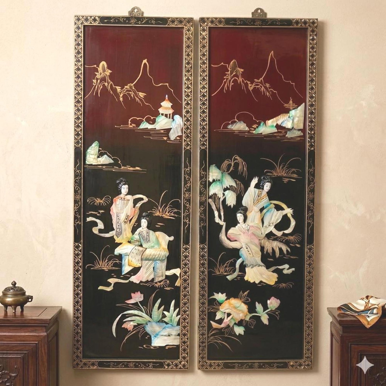 1960 Chinoiserie Wall Panels Set, Black Burgundy Lacquer Mother of Pearl Asian Wall Art - 2