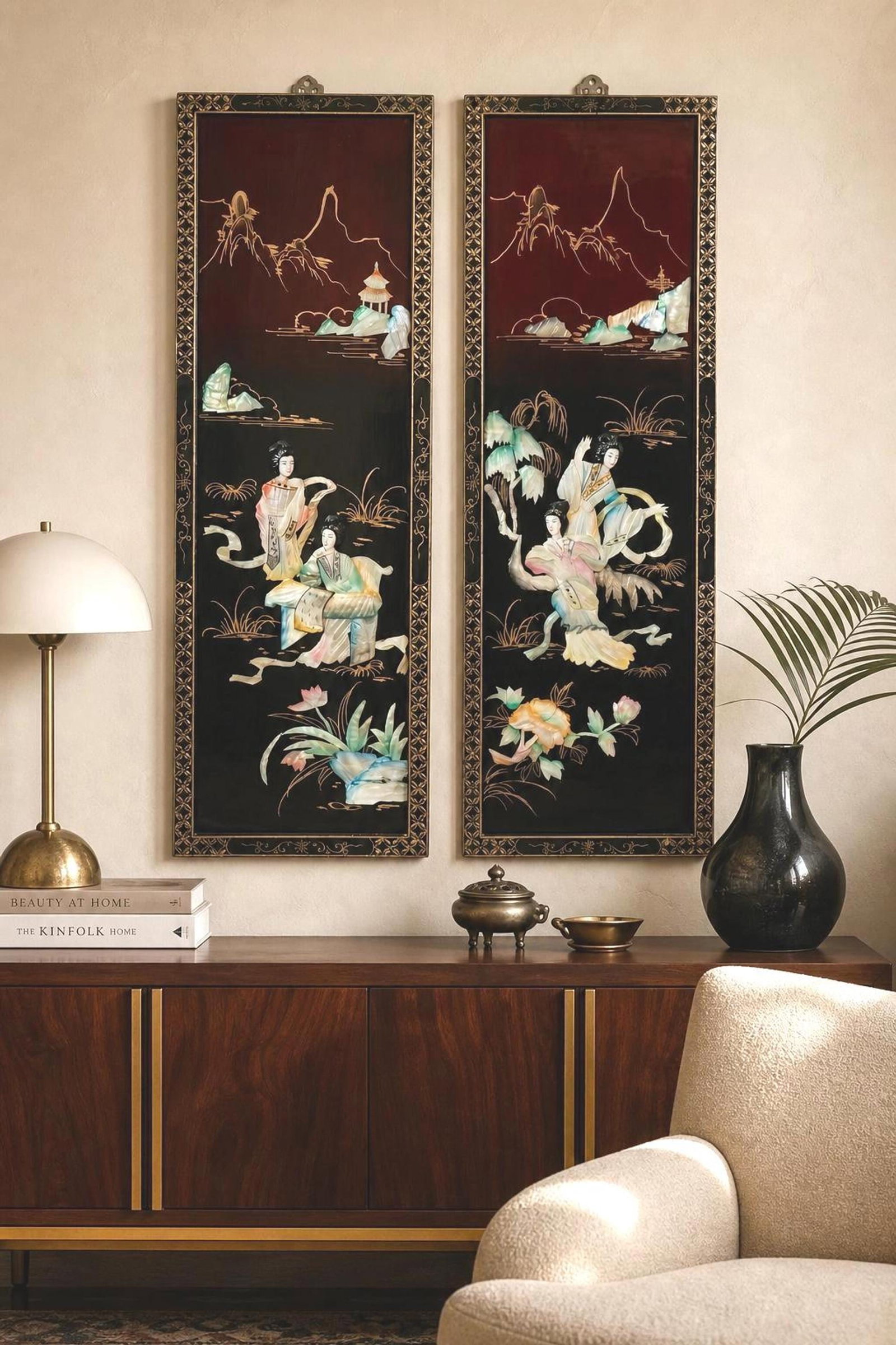 1960 Chinoiserie Wall Panels Set, Black Burgundy Lacquer Mother of Pearl Asian Wall Art - 3